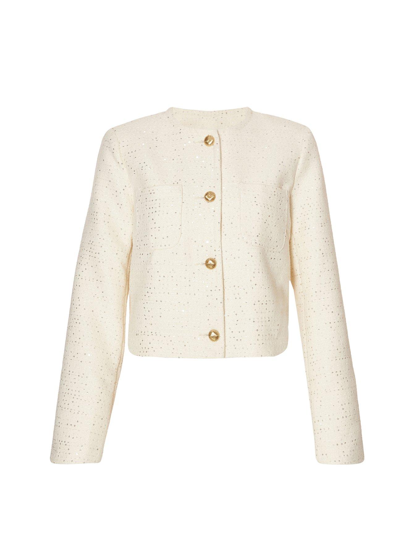 Image 5 of 6 of Quiz Cream Boucle Sequin Cropped Jacket