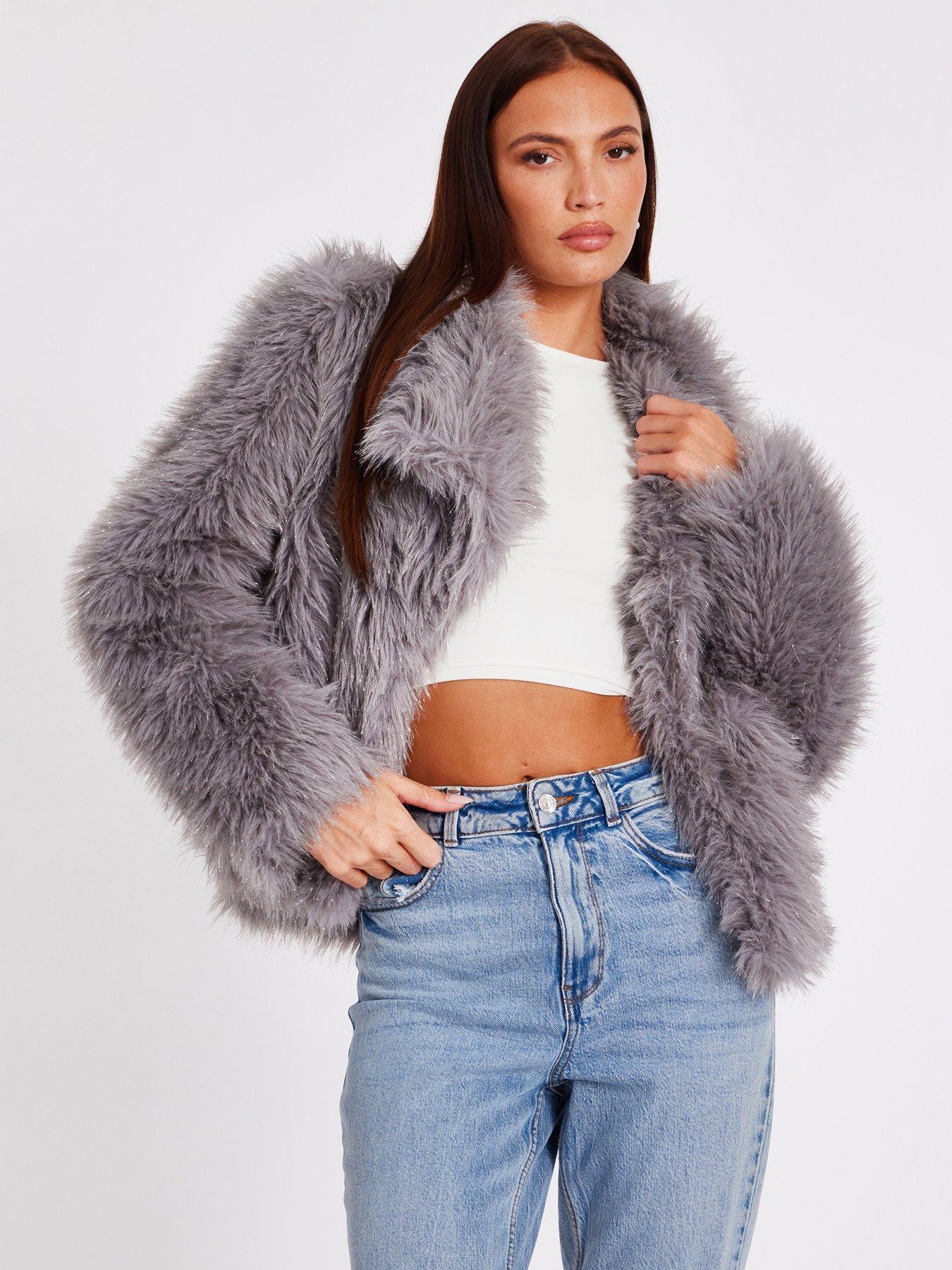 Image 1 of 6 of Quiz Grey Faux Fur Cropped Jacket