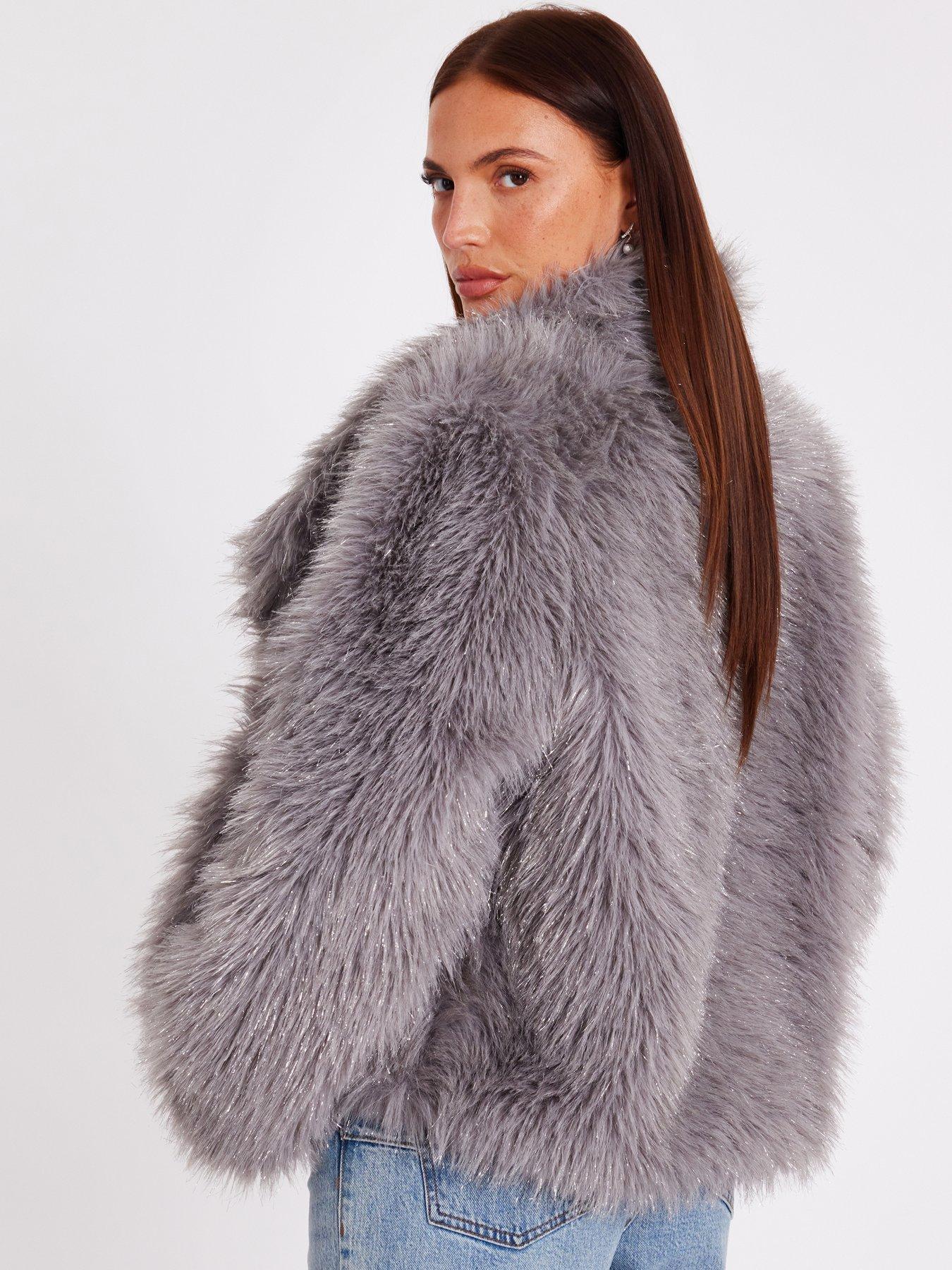 Image 2 of 6 of Quiz Grey Faux Fur Cropped Jacket