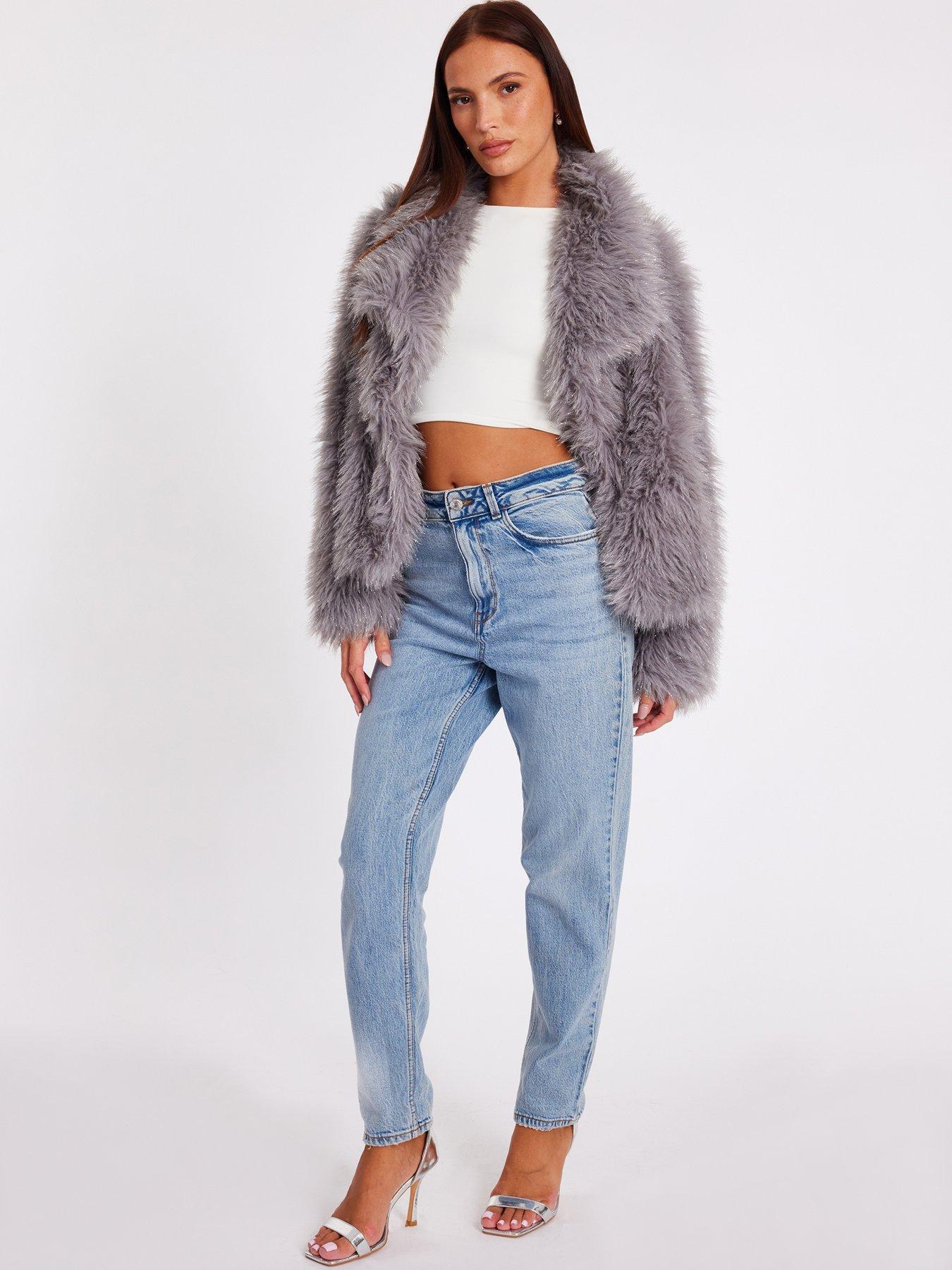 Image 3 of 6 of Quiz Grey Faux Fur Cropped Jacket