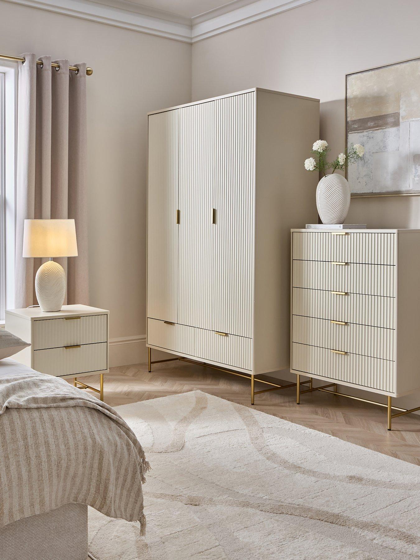 The Very Collection Cora 3 Piece Package - 3 Door, 2 Drawer Wardrobe, 5 Drawer Chest and 2 Drawer Bedside Chest - Ivory/Brass
