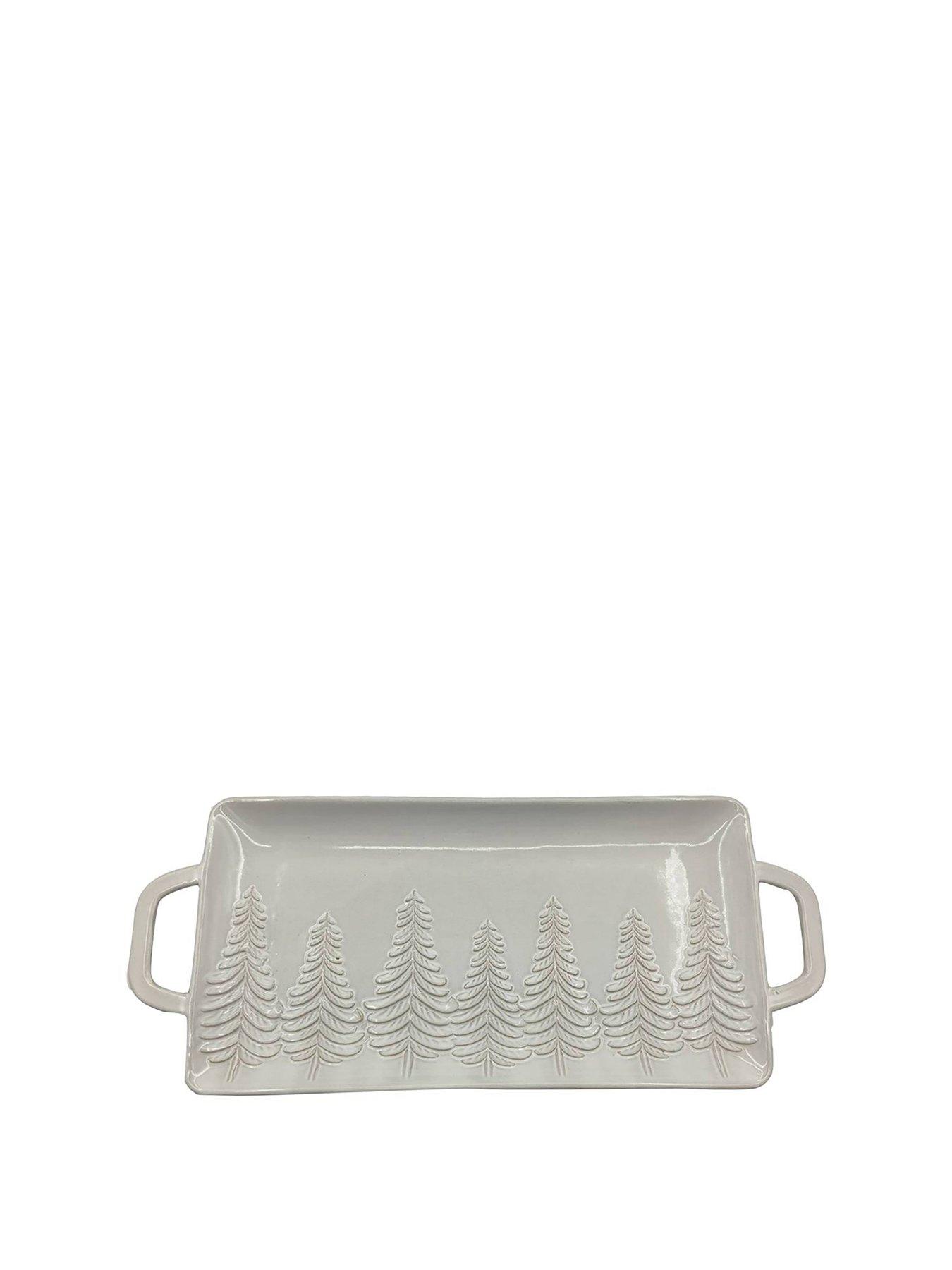 The Christmas Gift Co 45cm Ceramic Serving Tray - Embossed Frosted Pine Trees