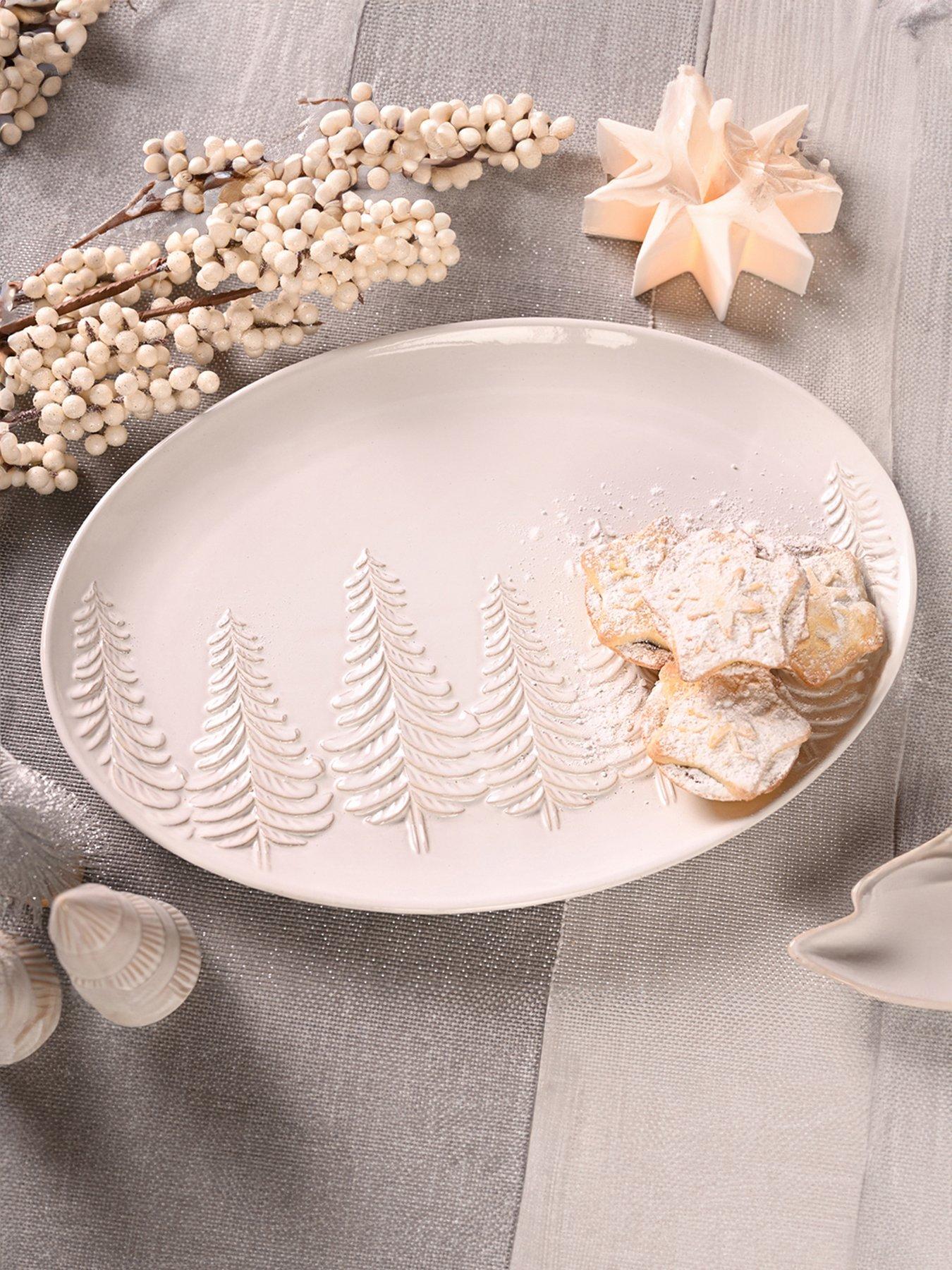 The Christmas Gift Co 40cm Ceramic Serving Plate - Embossed Frosted Pine Trees
