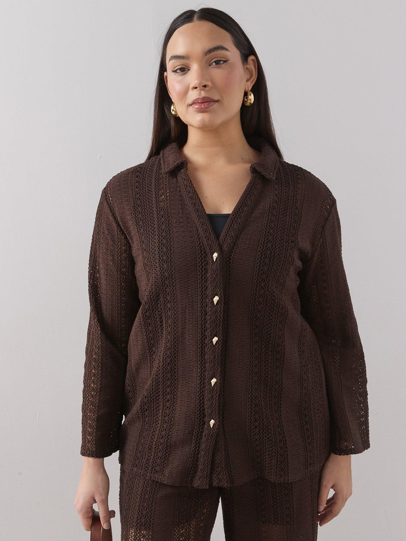 The Very Collection Curve Crochet Shirt Co-Ord - Brown