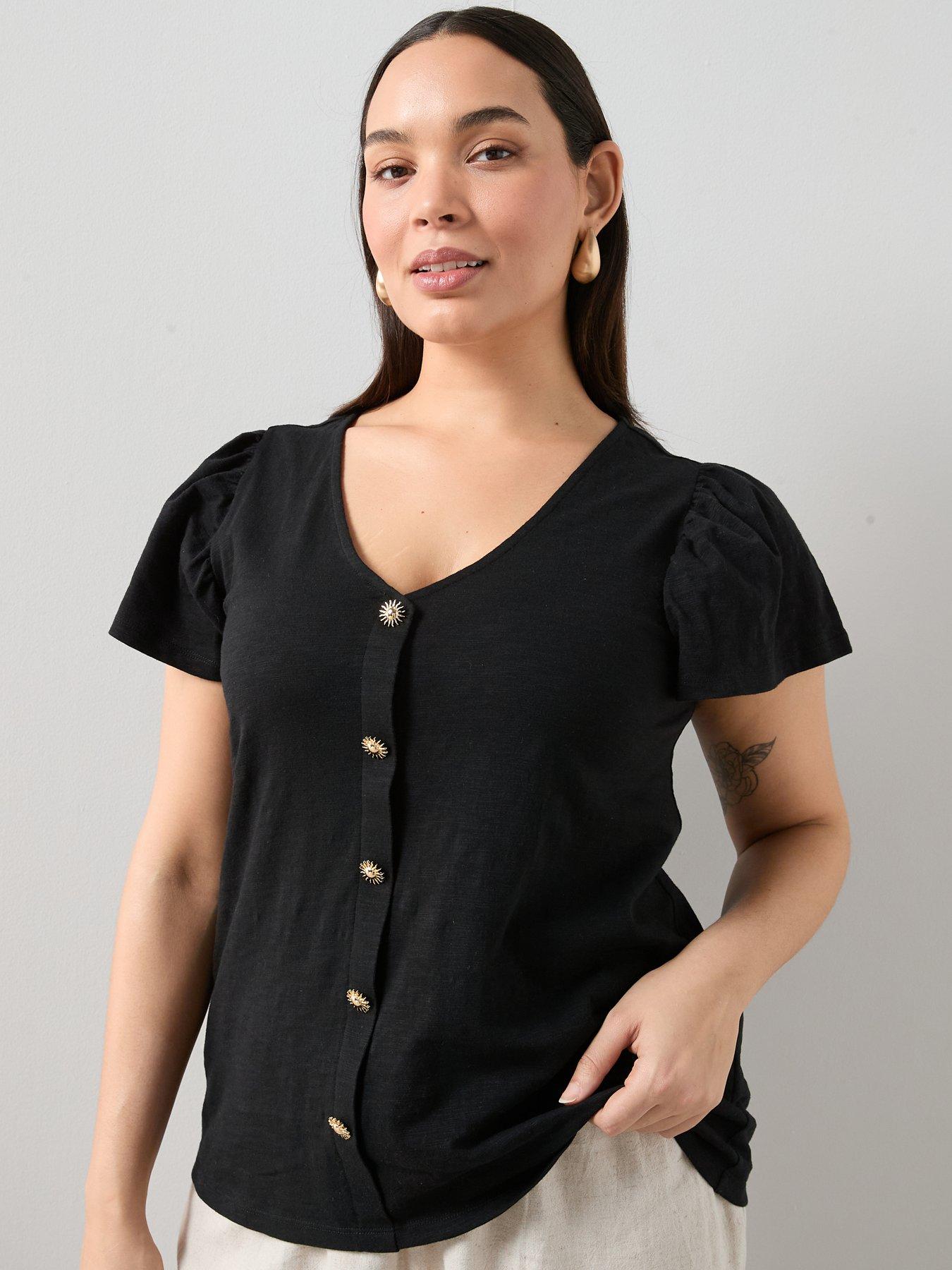  image of the-very-collection-curve-frill-sleeve-button-through-top