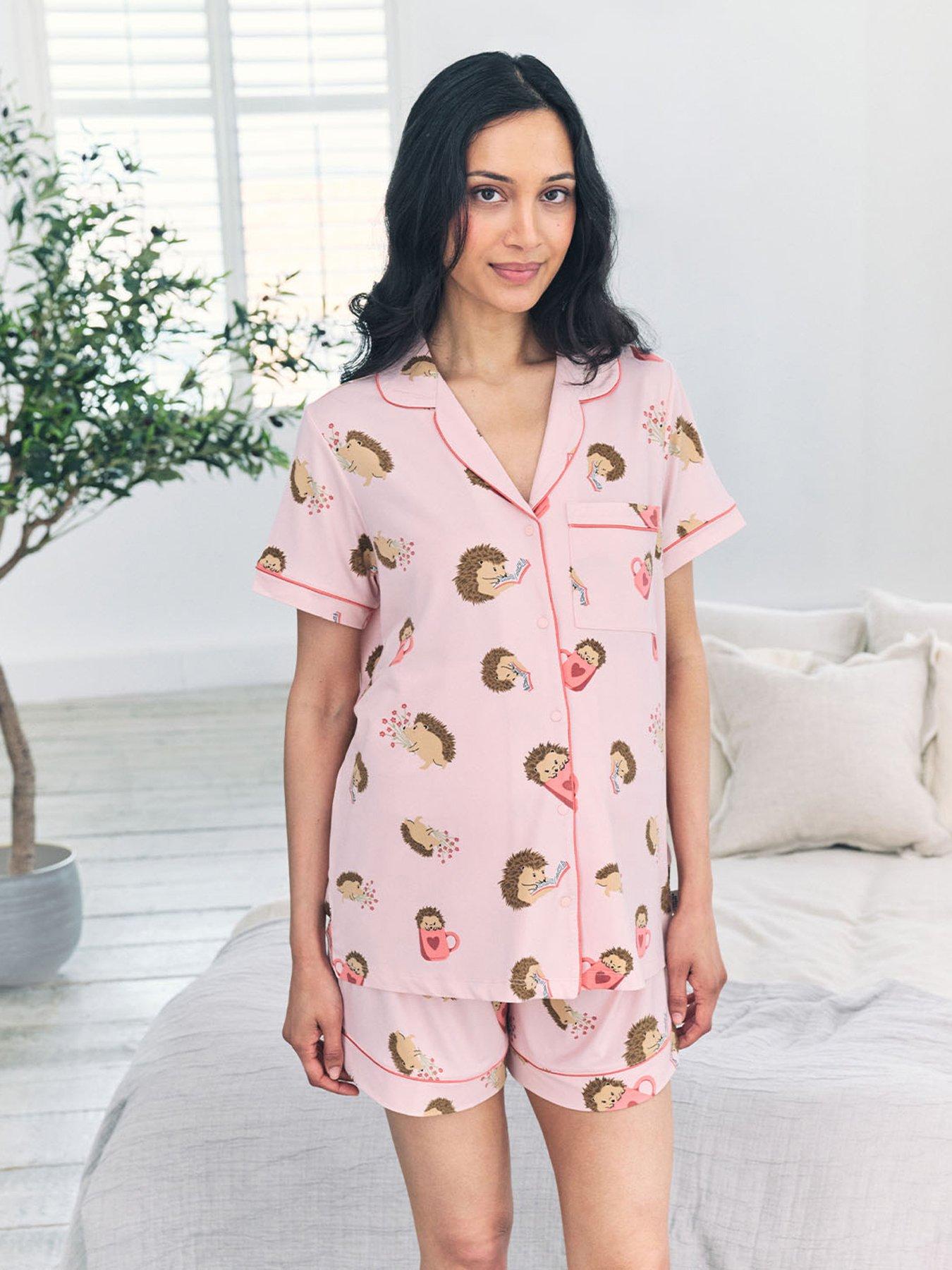 Image 1 of 5 of CHELSEA PEERS Chelsea Peers Maternity Short Sleeve Revere Short Set With Sleeping Bunny Print In Polyester