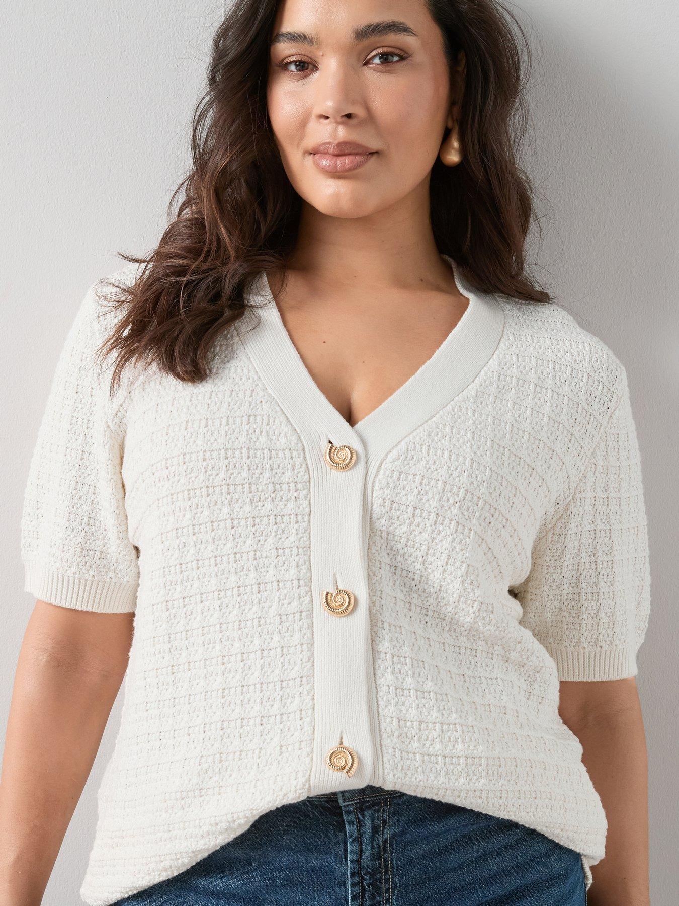  image of the-very-collection-curve-shell-button-short-sleeve-cardigan