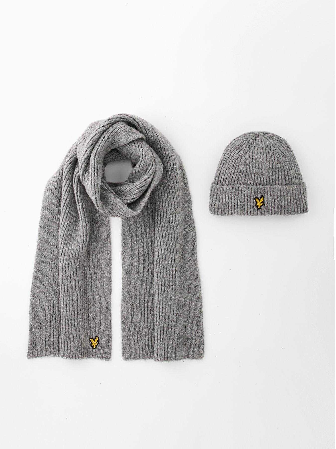 front image of lyle-scott-brushed-scarf-and-beanie-set-grey