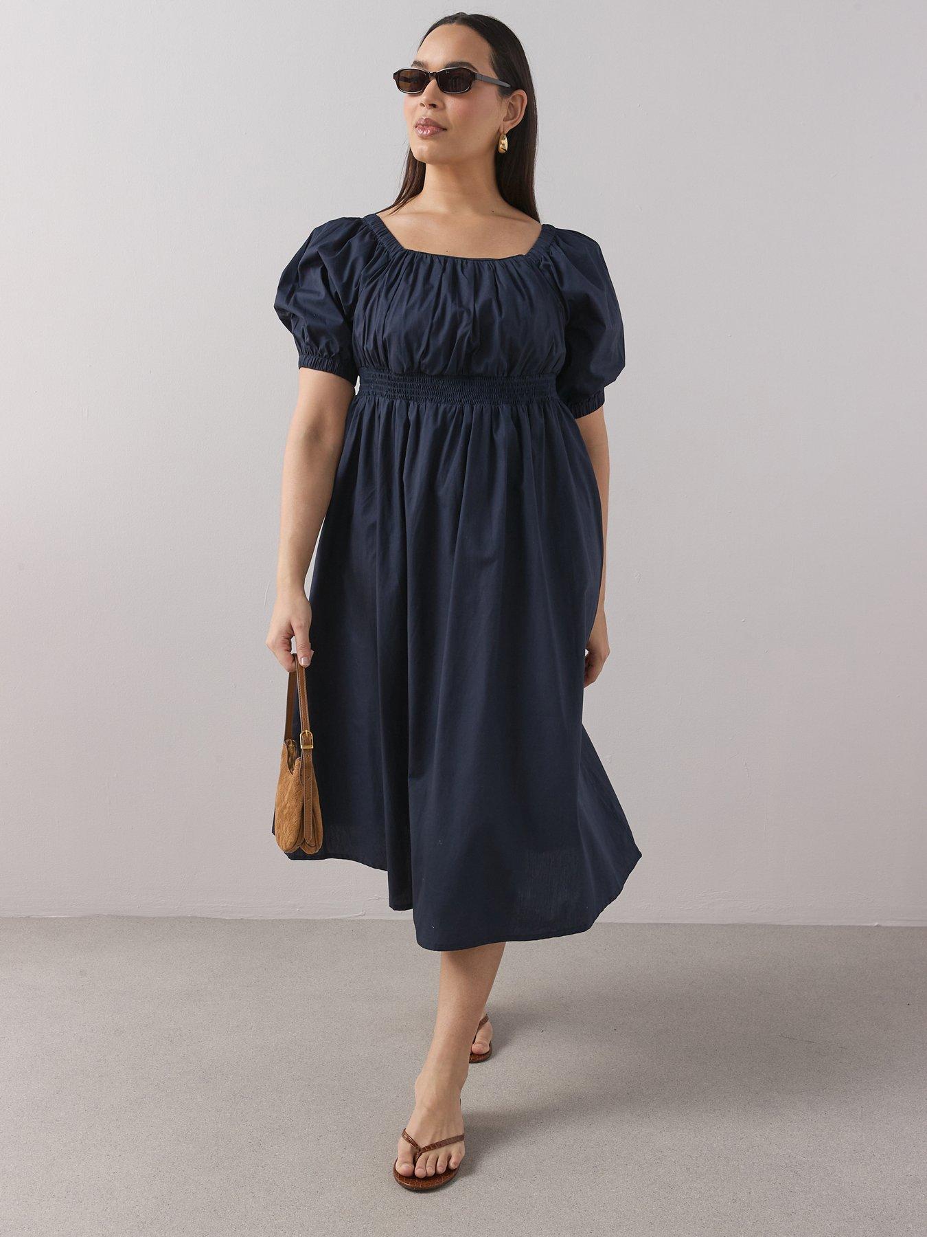 Image 1 of 6 of The Very Collection Curve Shirred Waist Short Sleeve Midi Dress