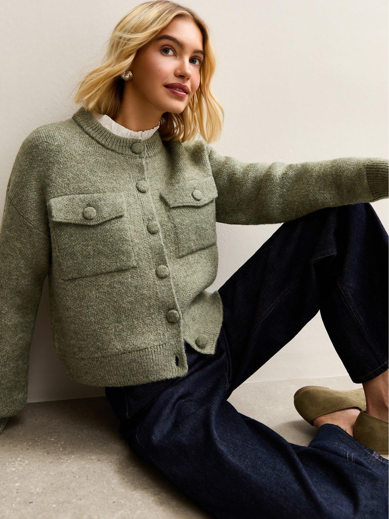 New Look Light Khaki Flap Pocket Knitted Bomber