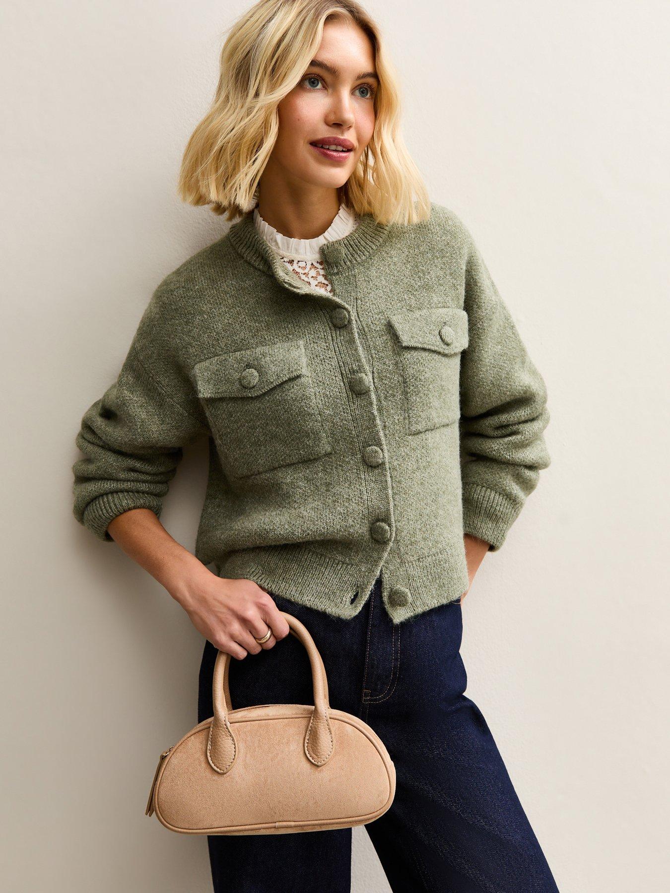  image of new-look-flap-pocket-knitted-bomber-jacket-green