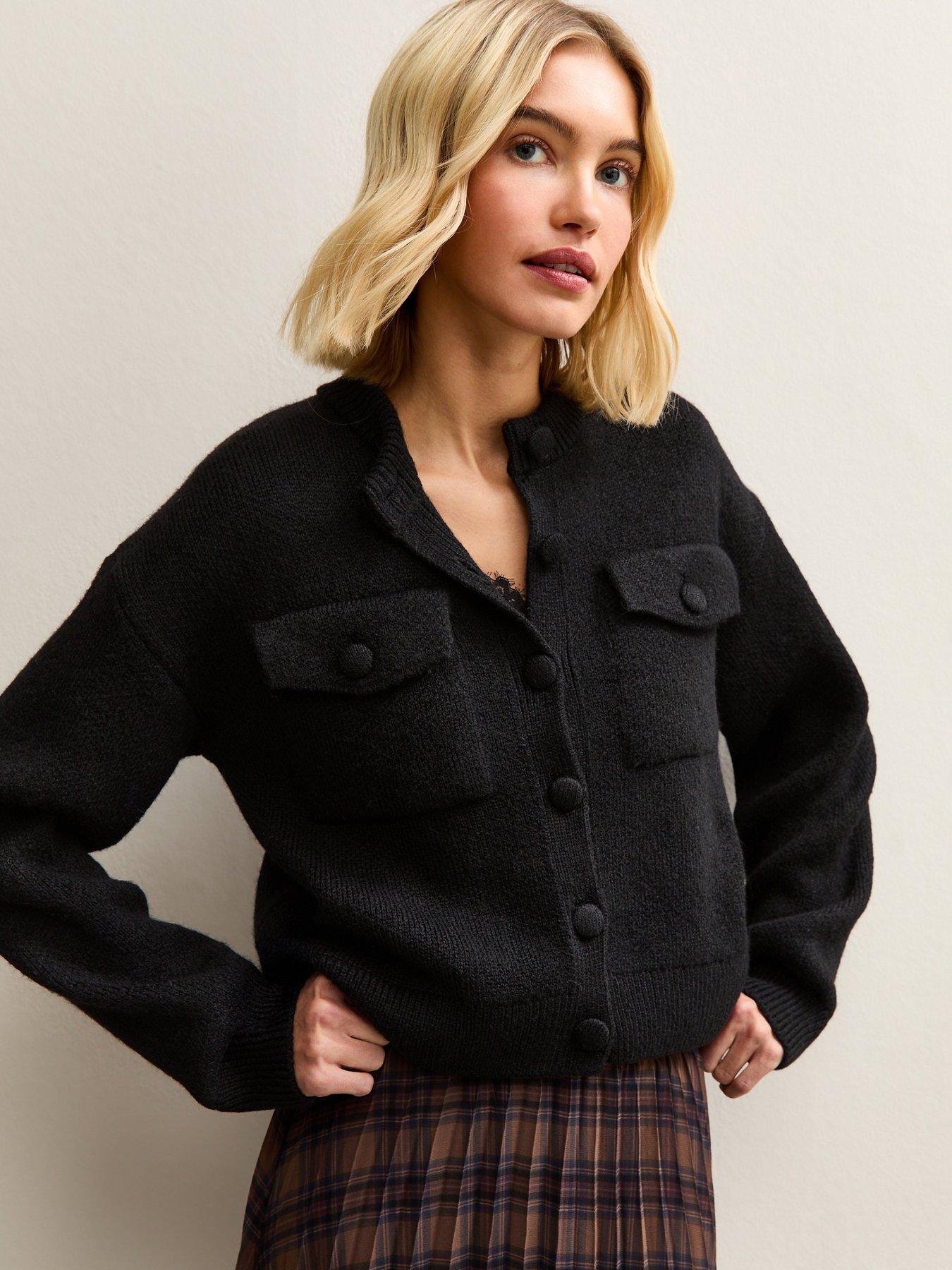 Image 1 of 6 of New Look Flap Pocket Knitted Bomber Jacket - Black