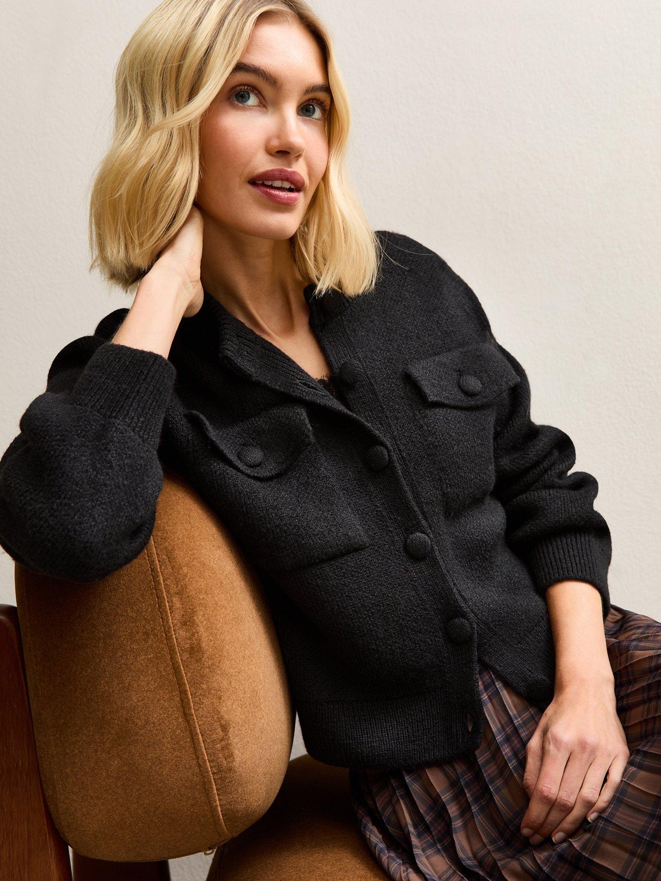 Image 4 of 6 of New Look Flap Pocket Knitted Bomber Jacket - Black