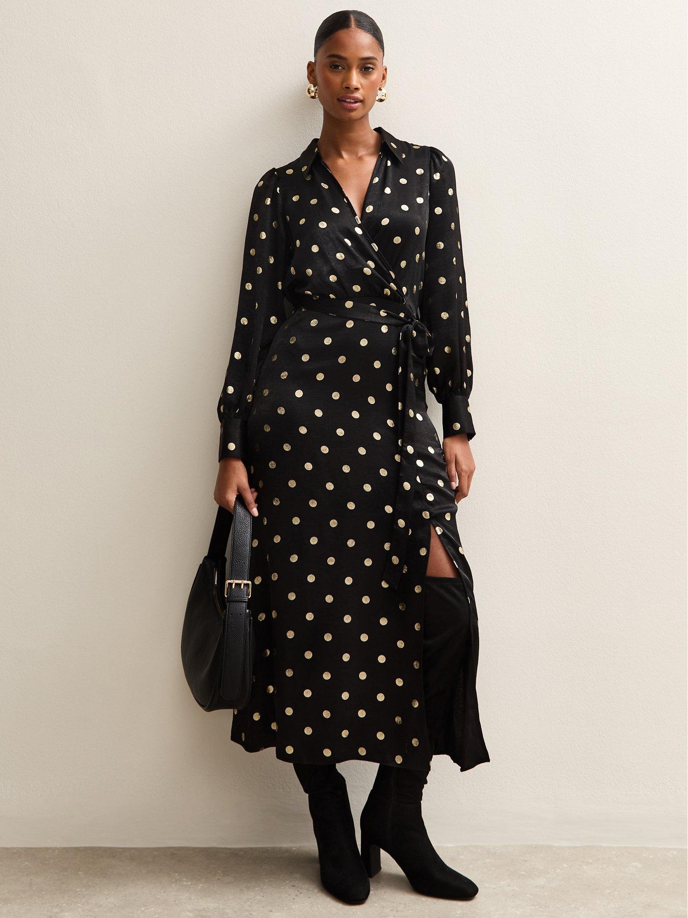  image of new-look-selena-spot-satin-wrap-midi-black