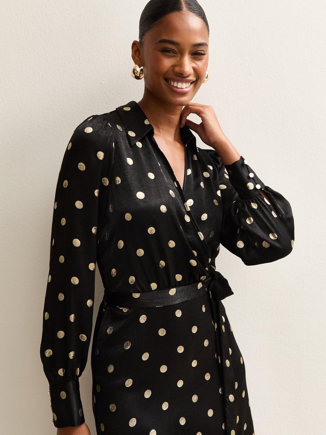  image of new-look-selena-spot-satin-wrap-midi-black