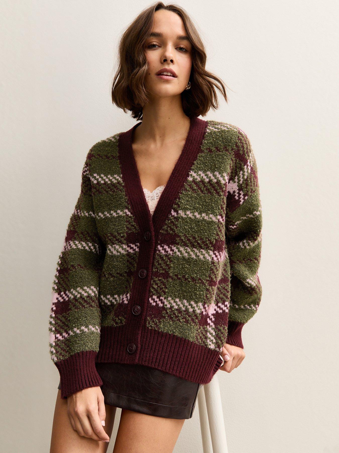 New Look Check Pattern Knitted Boyfriend Cardigan - Green