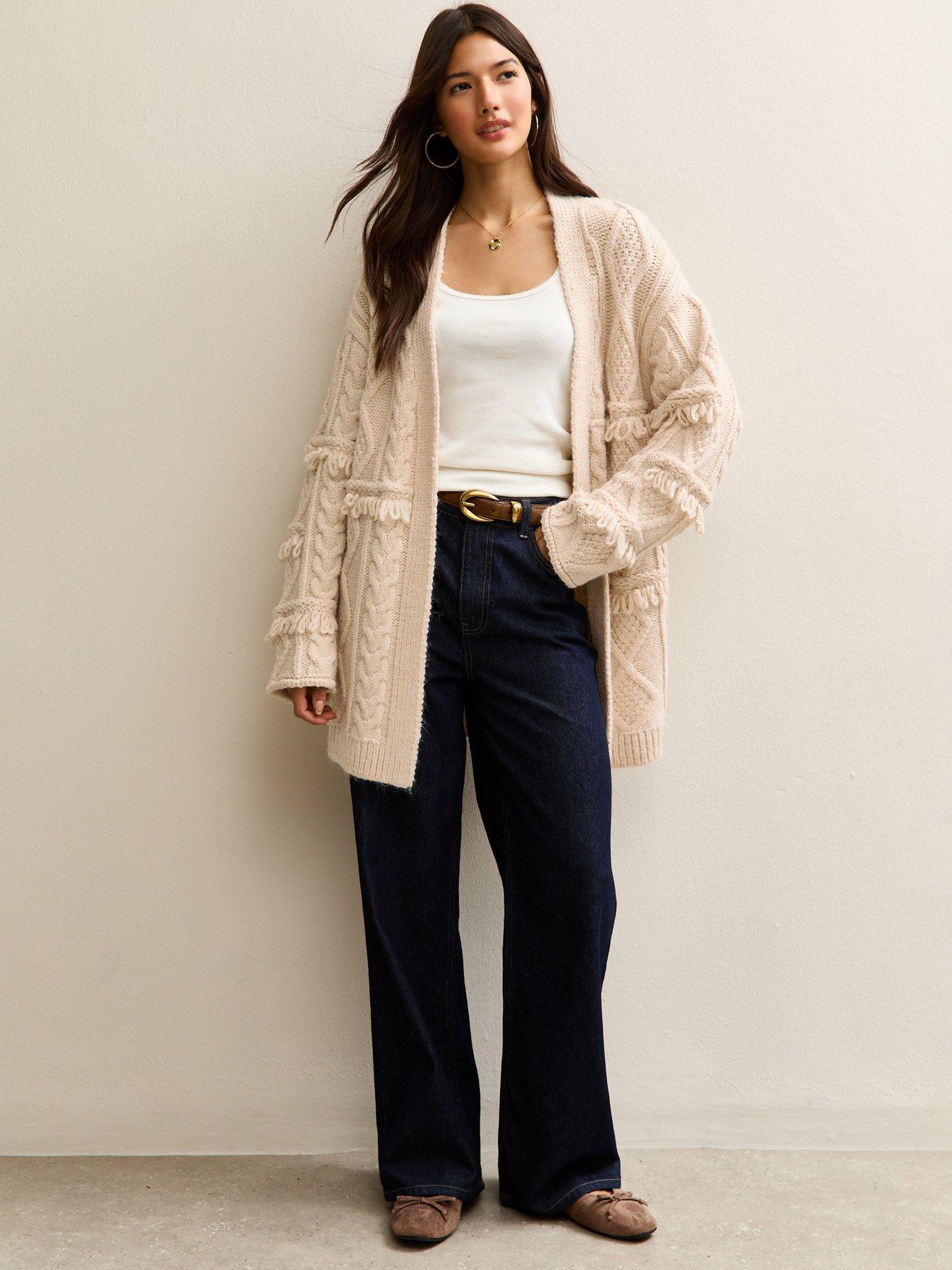 New Look Cream Fringed Longline Cable Knit Cardigan