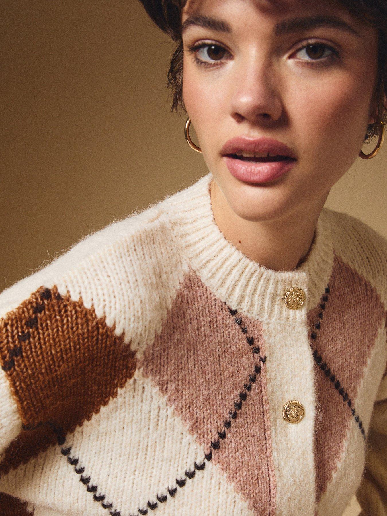  image of new-look-argyle-pattern-crew-neck-cardigan-cream
