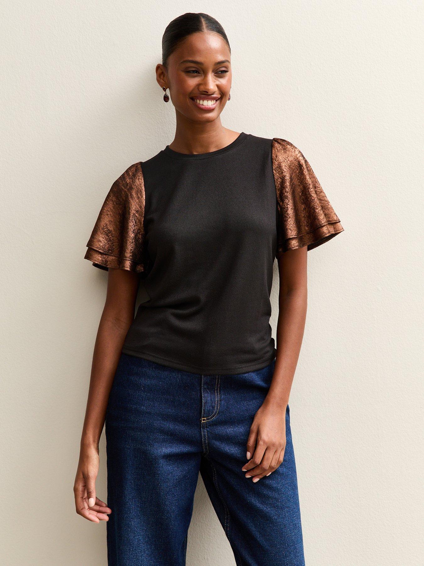 new-look-soft-touch-metallic-flutter-sleeve-top-brown