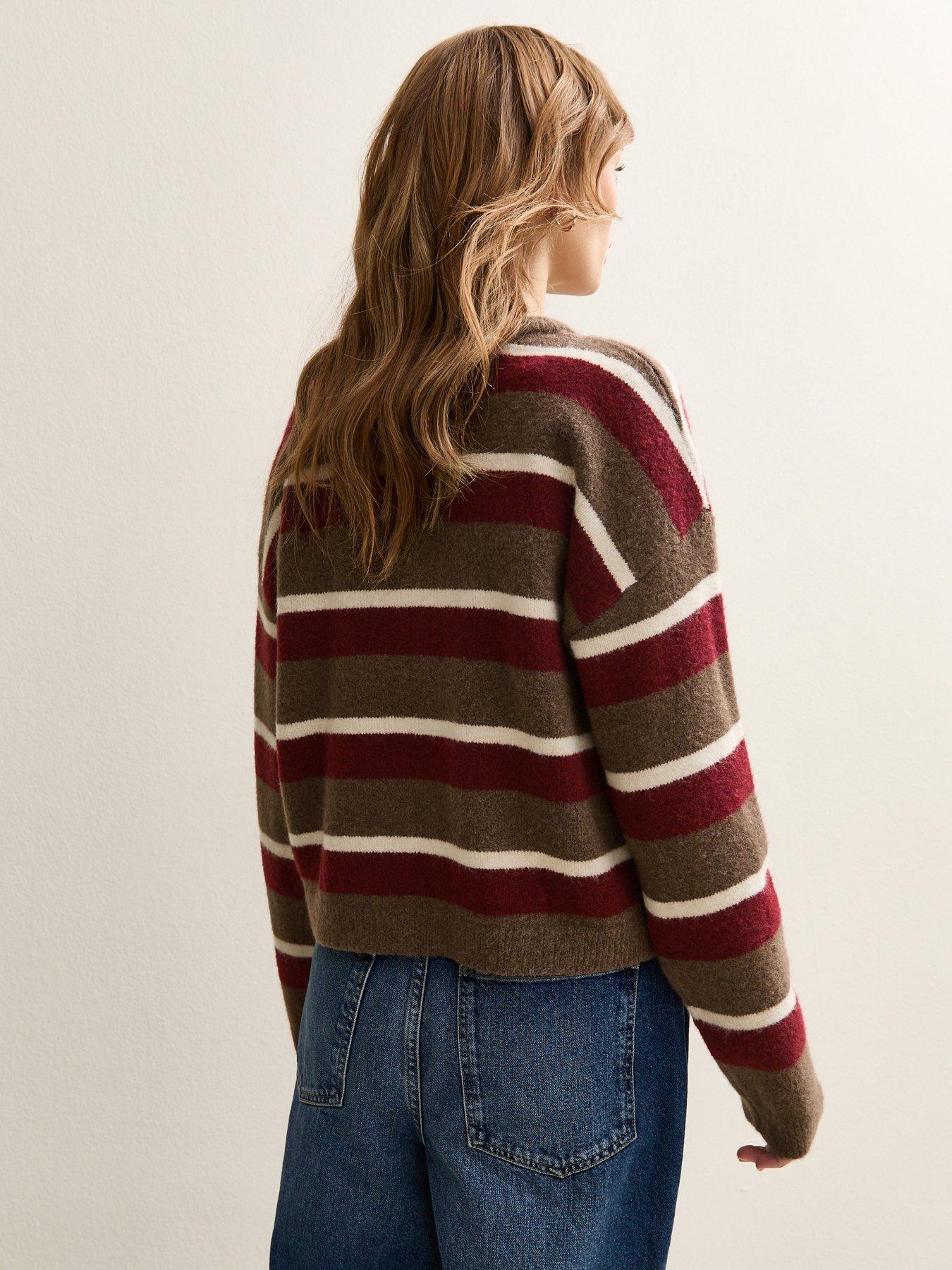 stillFront image of new-look-striped-crew-neck-cardigan-brown