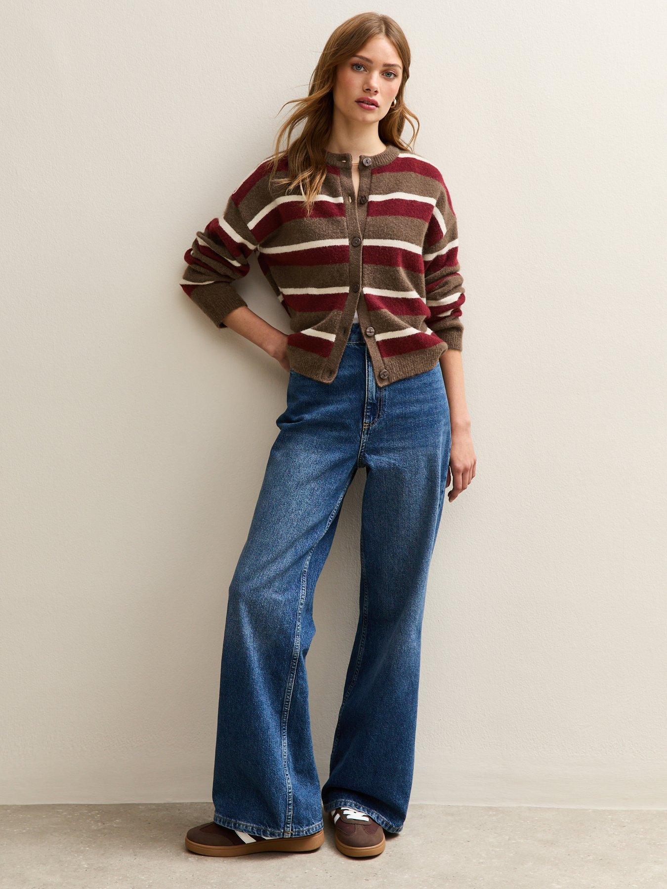  image of new-look-striped-crew-neck-cardigan-brown