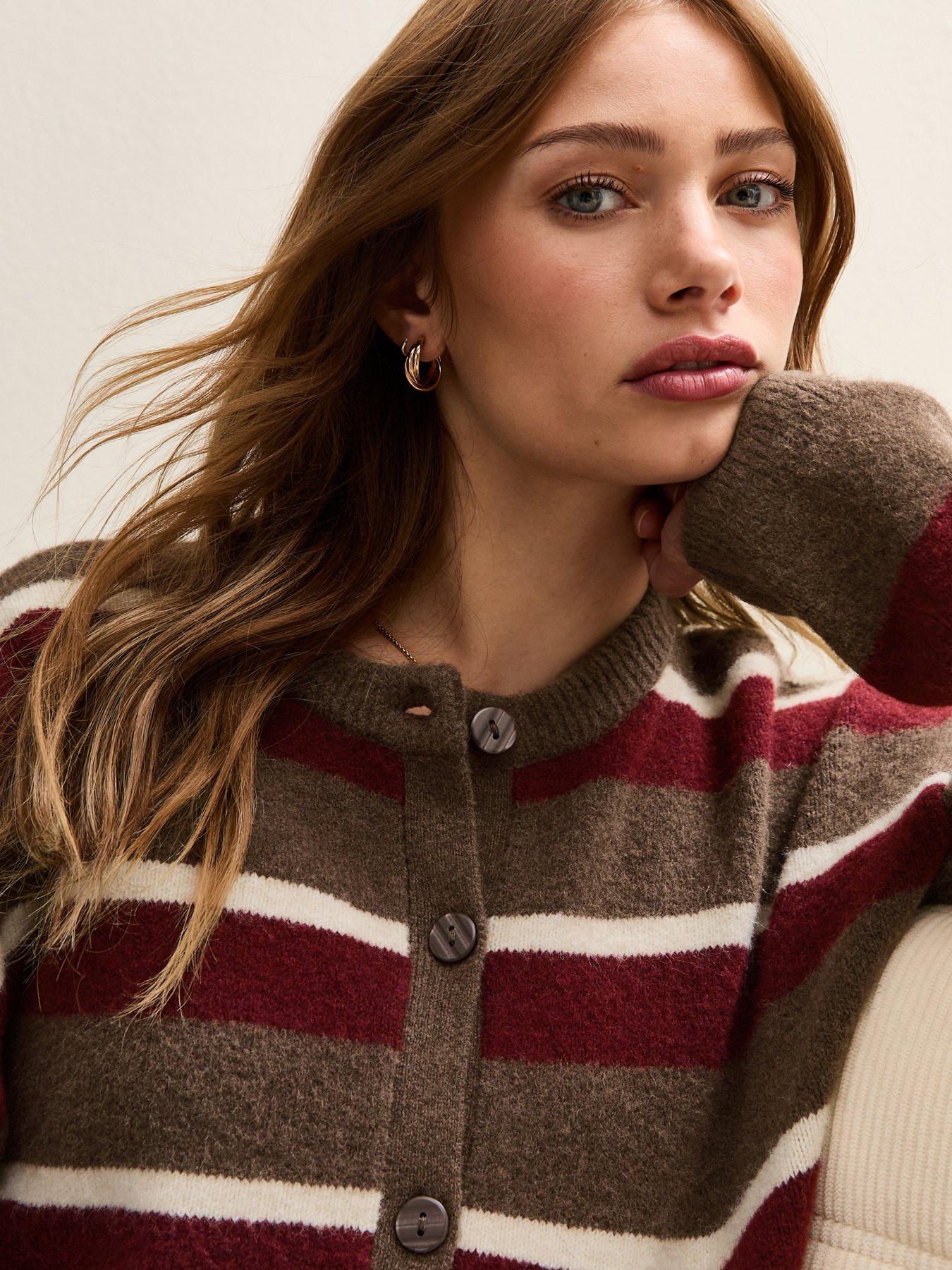  image of new-look-striped-crew-neck-cardigan-brown