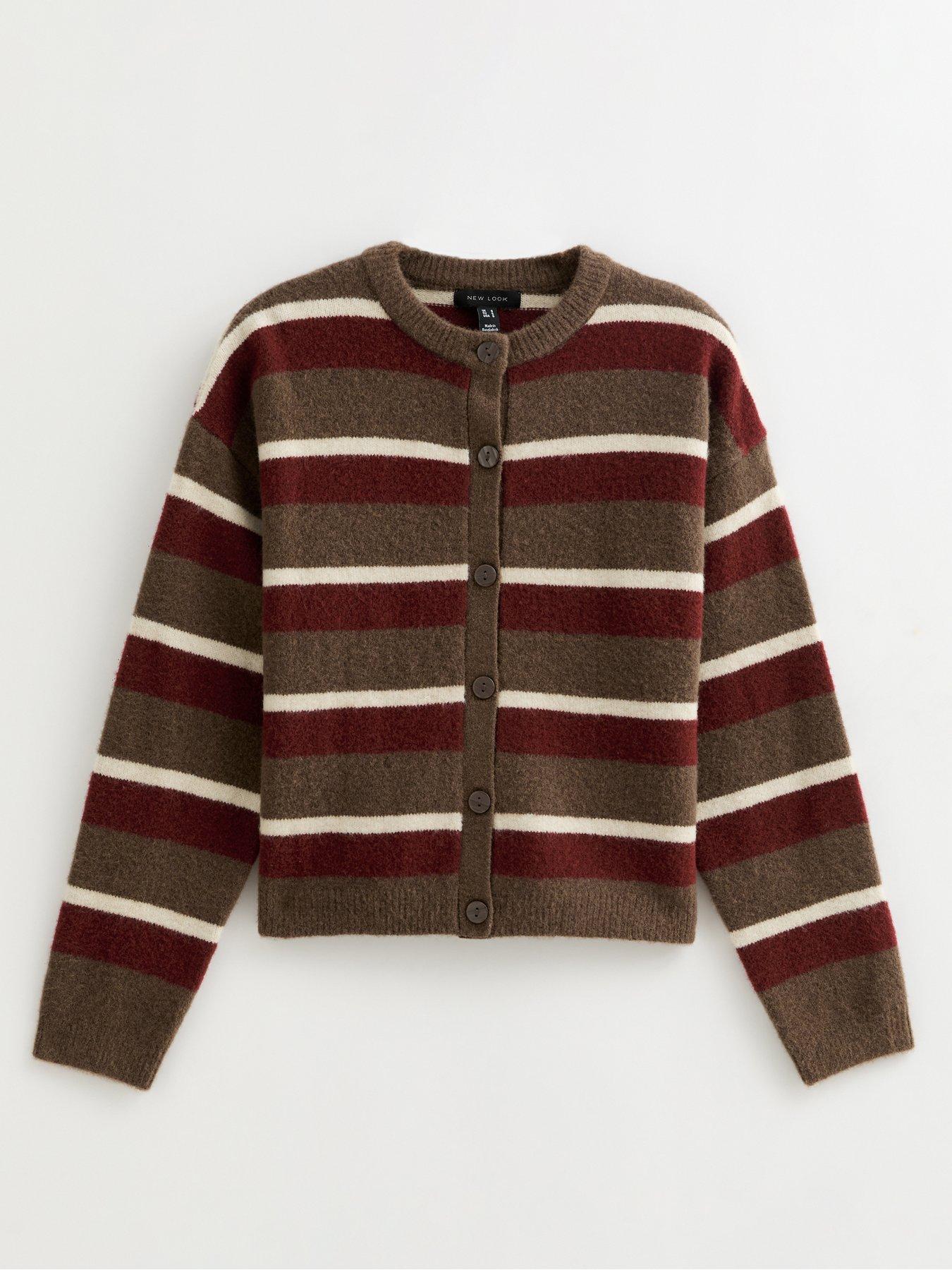  image of new-look-striped-crew-neck-cardigan-brown
