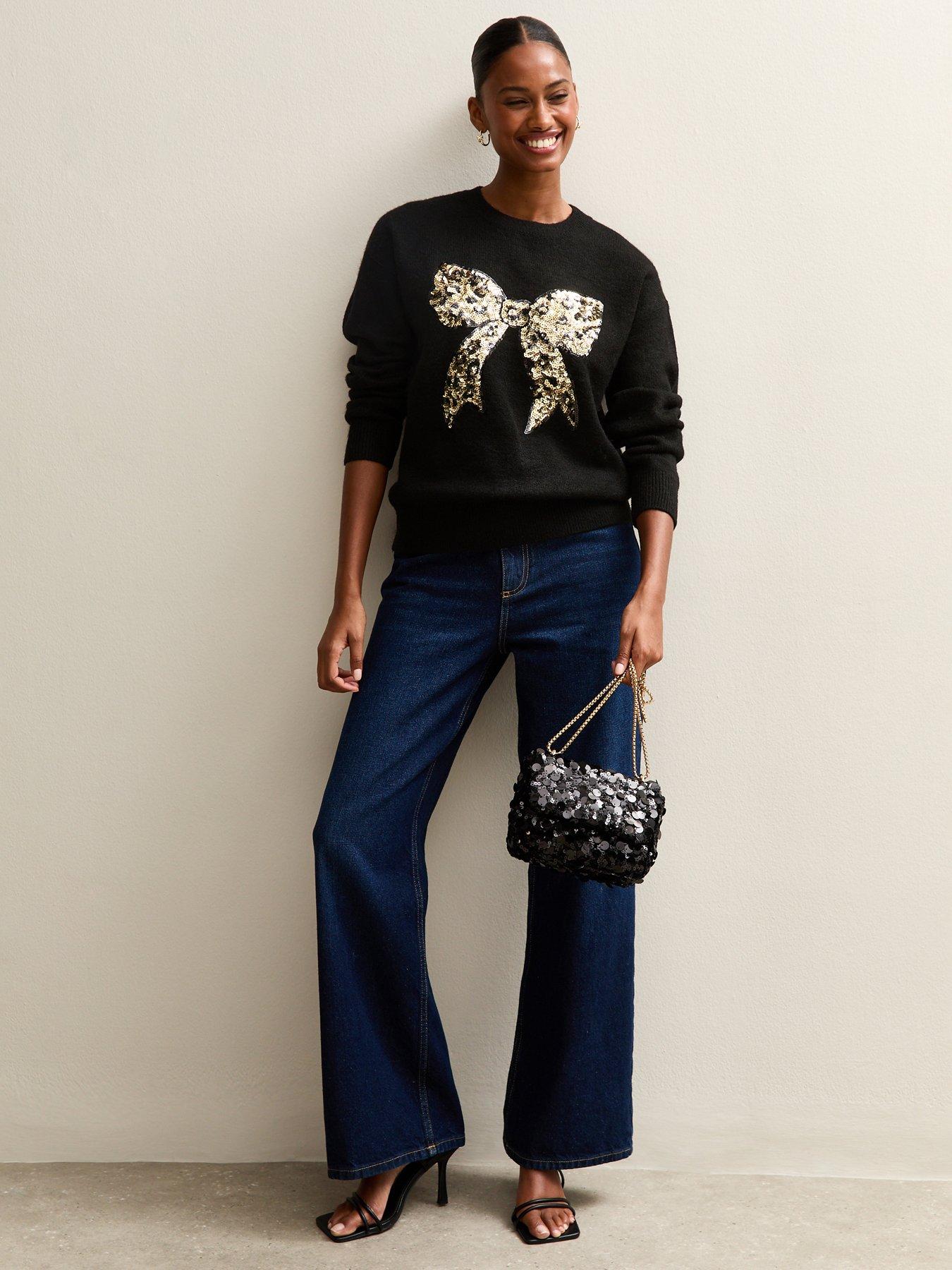  image of new-look-sequin-bow-crew-neck-jumper-black
