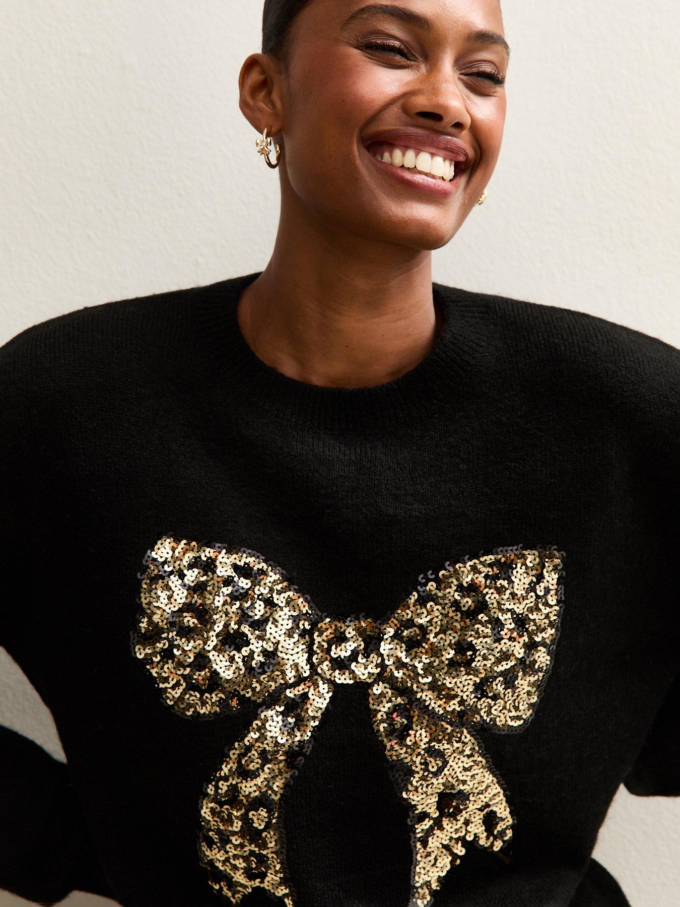  image of new-look-sequin-bow-crew-neck-jumper-black