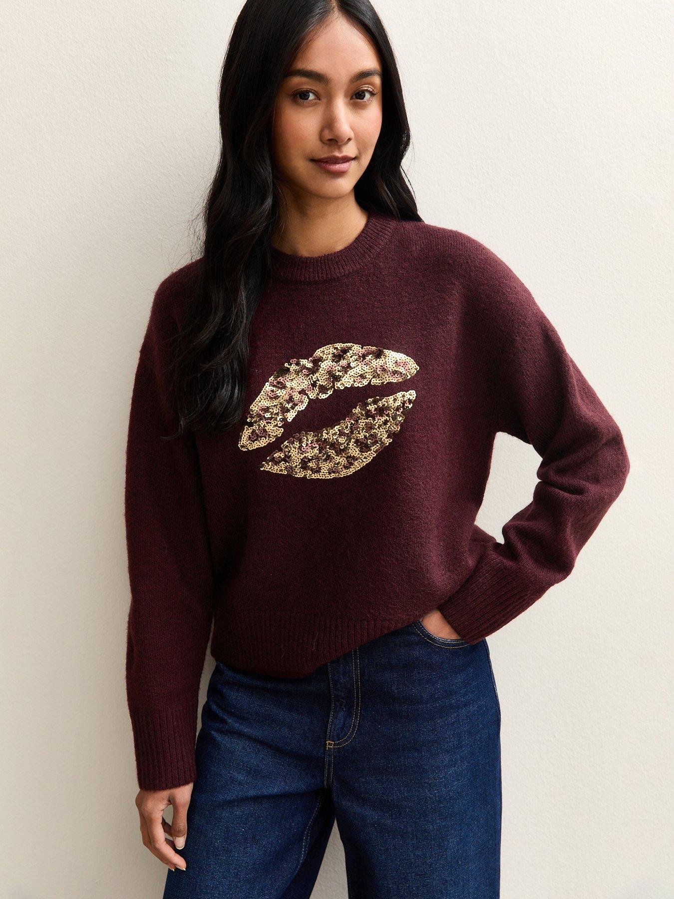 New Look Sequin Lips Crew Neck Jumper - Dark Red