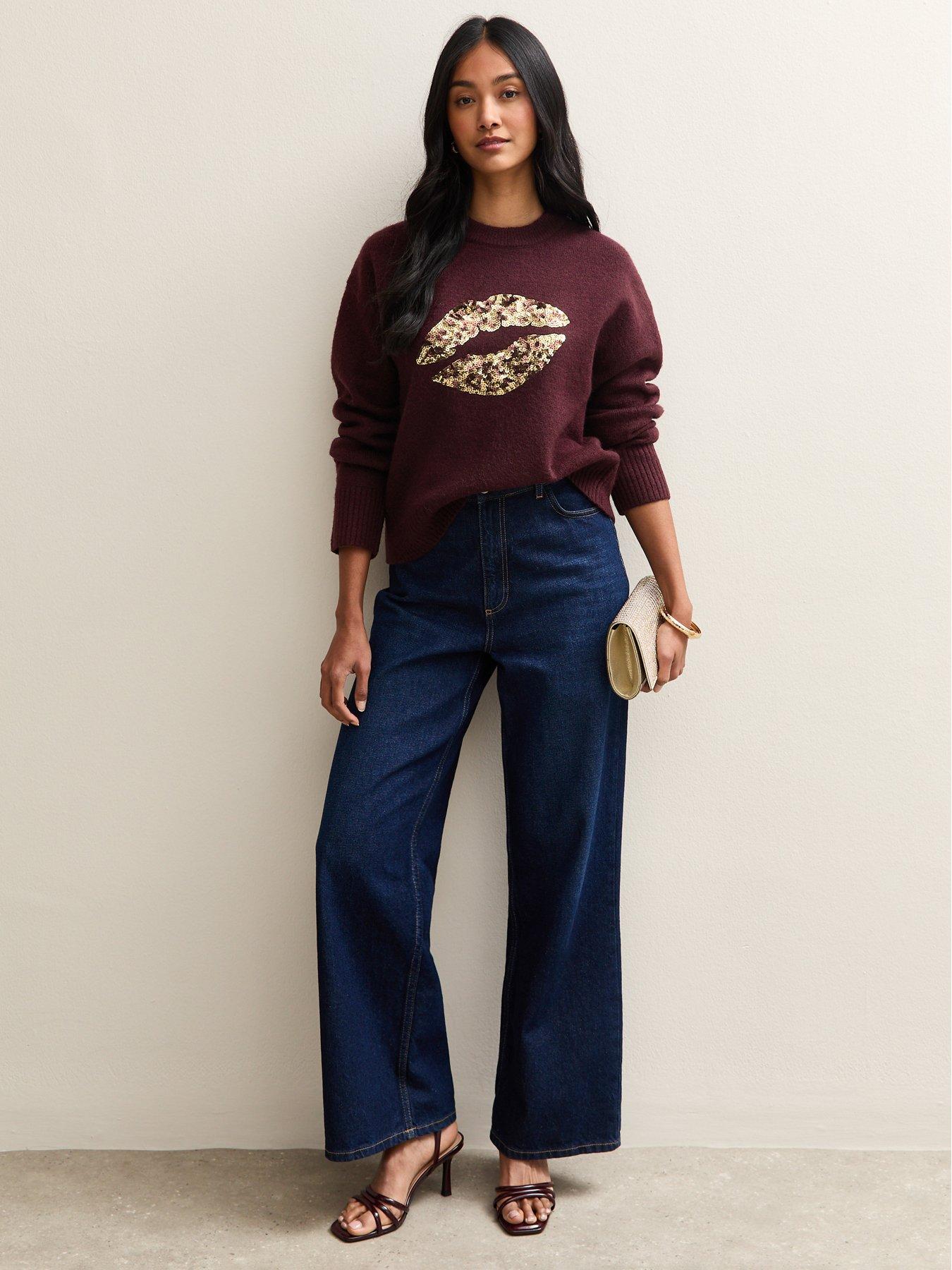 Image 3 of 5 of New Look Sequin Lips Crew Neck Jumper - Dark Red