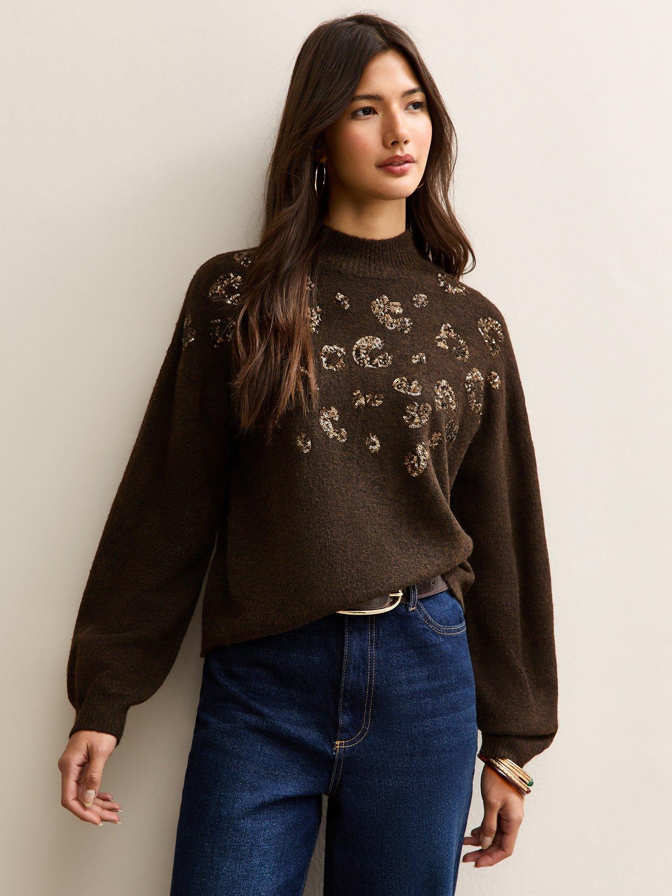 Image 1 of 5 of New Look Sequin Animal Motif Mock Neck Jumper - Brown