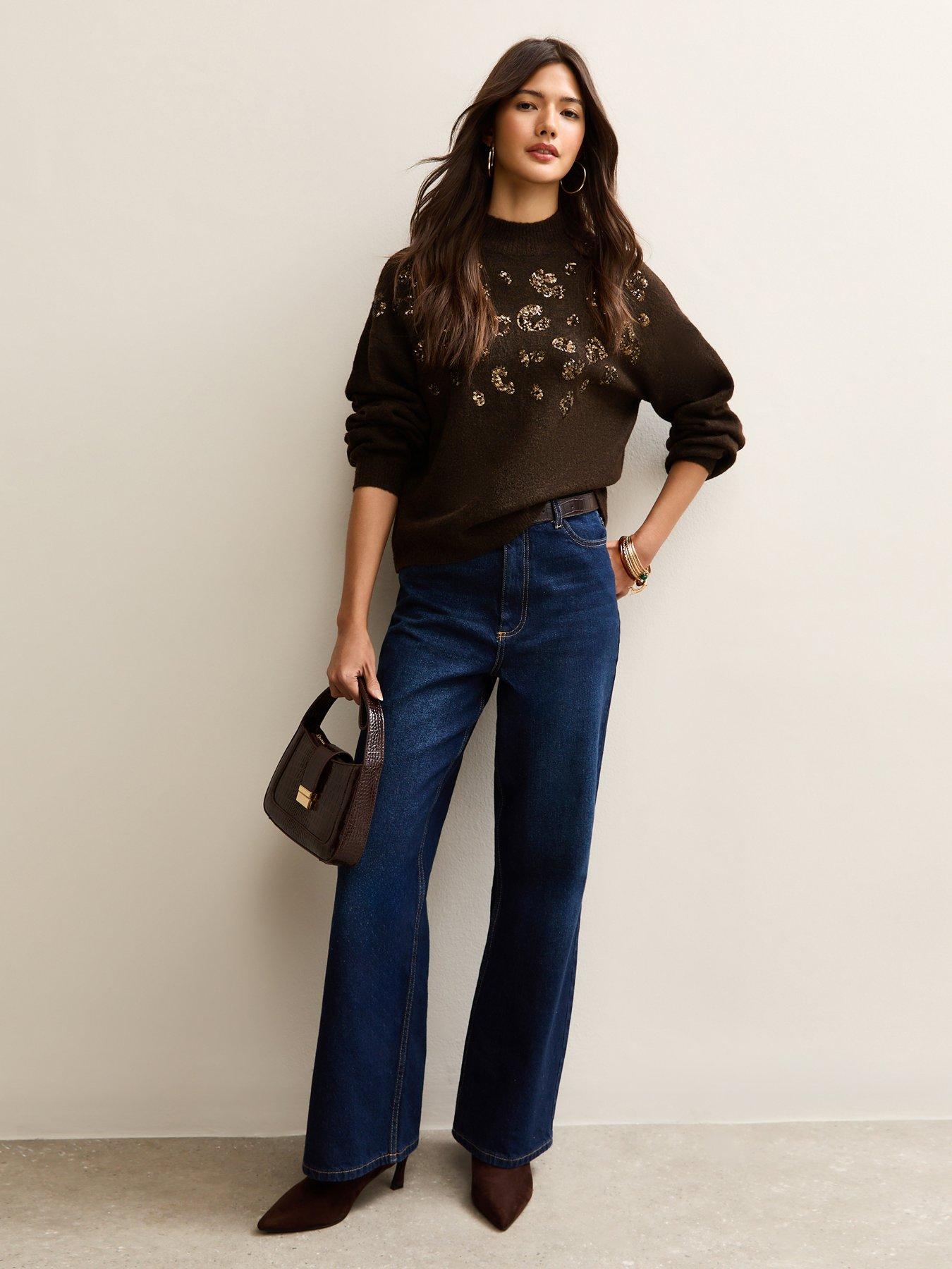 Image 3 of 5 of New Look Sequin Animal Motif Mock Neck Jumper - Brown