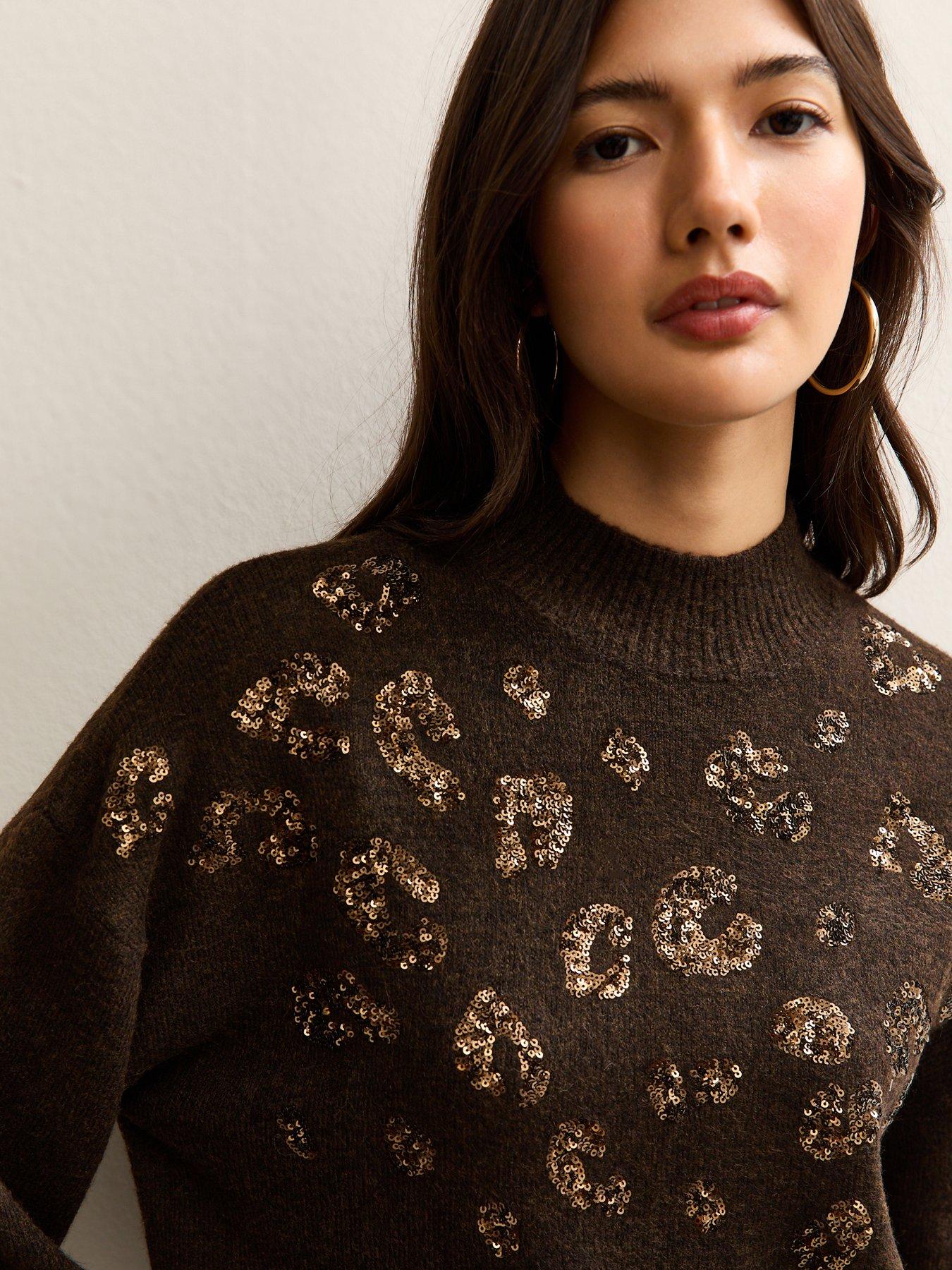 Image 4 of 5 of New Look Sequin Animal Motif Mock Neck Jumper - Brown