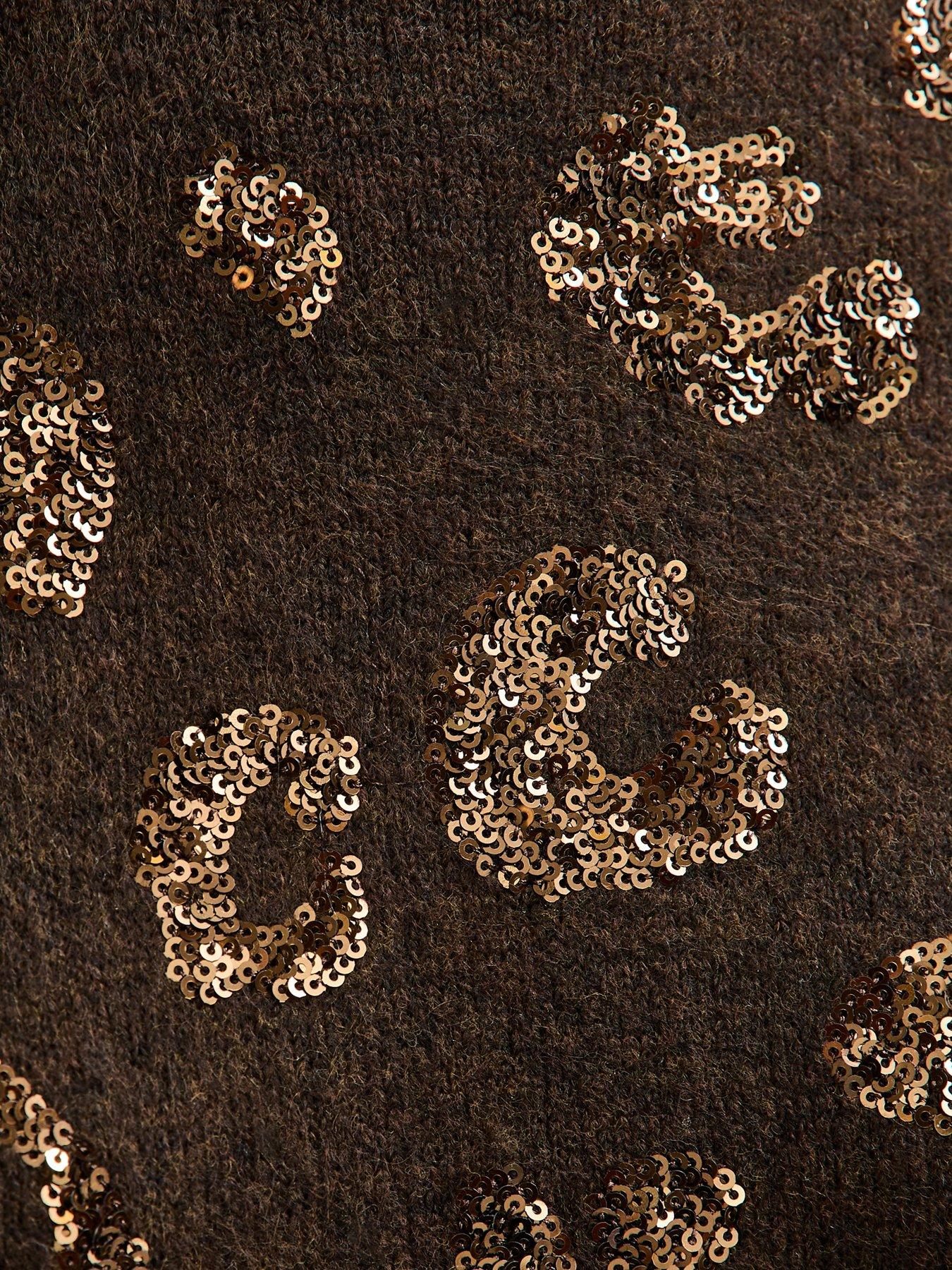 Image 5 of 5 of New Look Sequin Animal Motif Mock Neck Jumper - Brown