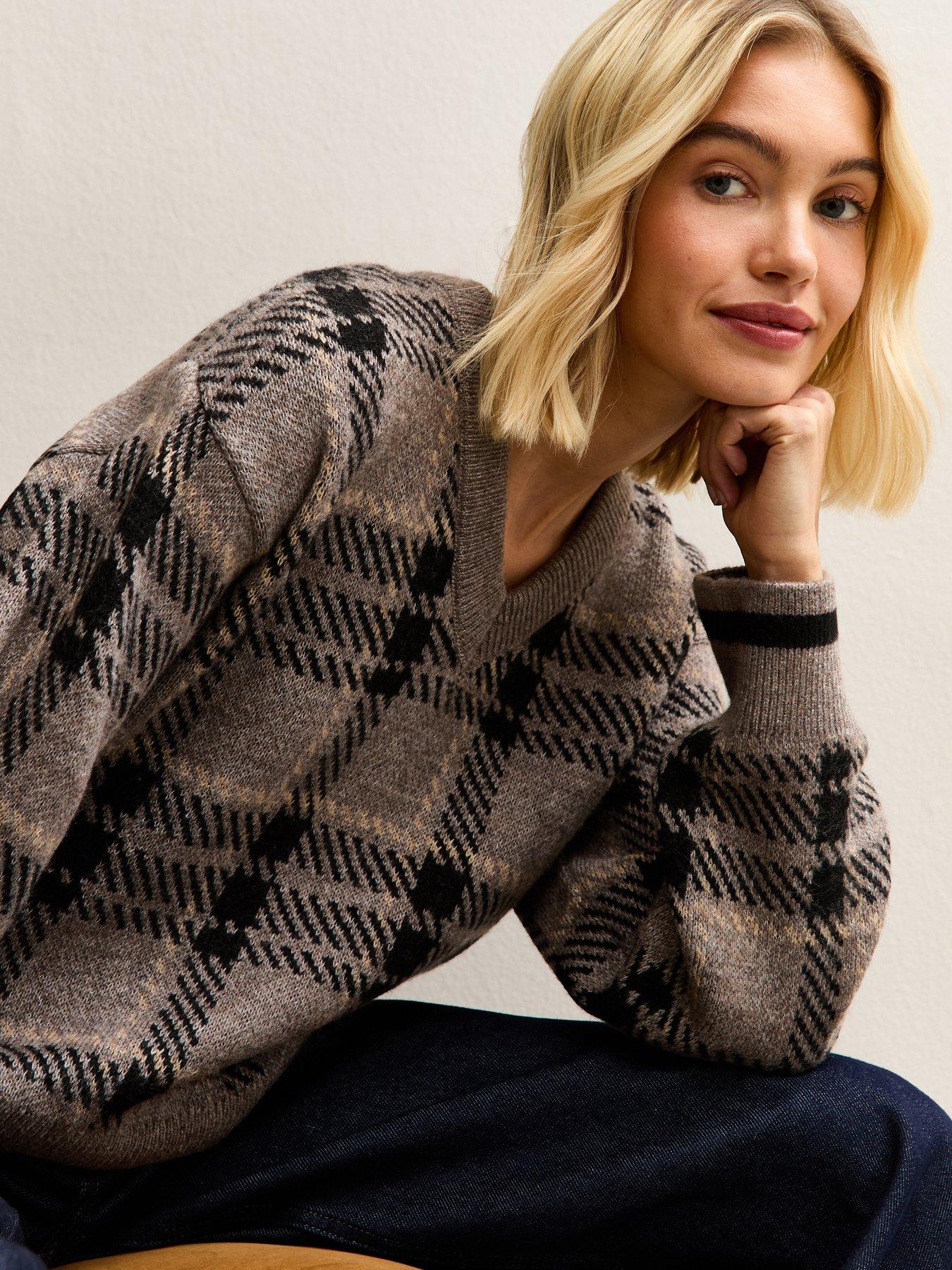  image of new-look-check-v-neck-jumper-brown