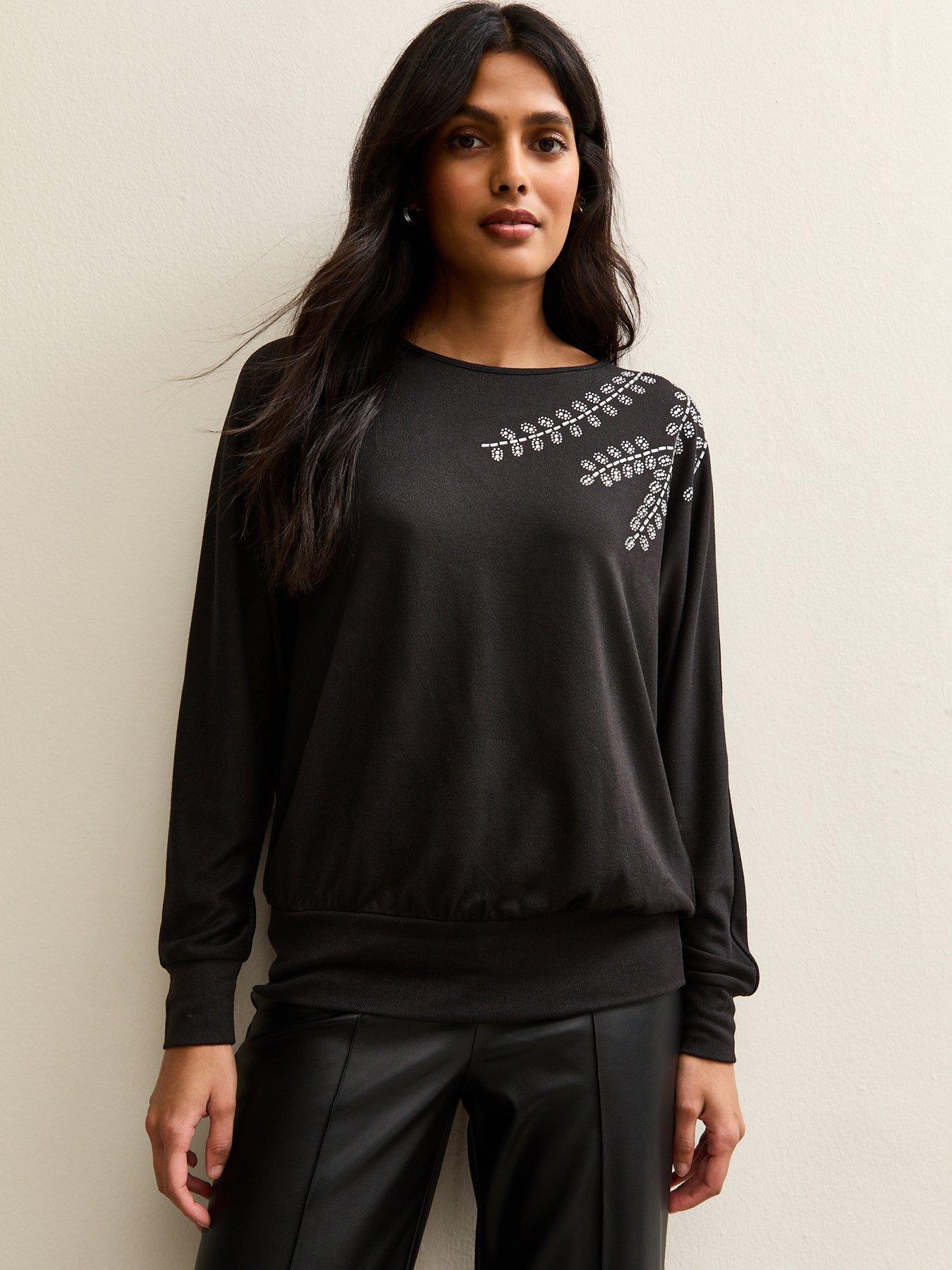  image of new-look-soft-touch-embellished-batwing-sleeve-top-black