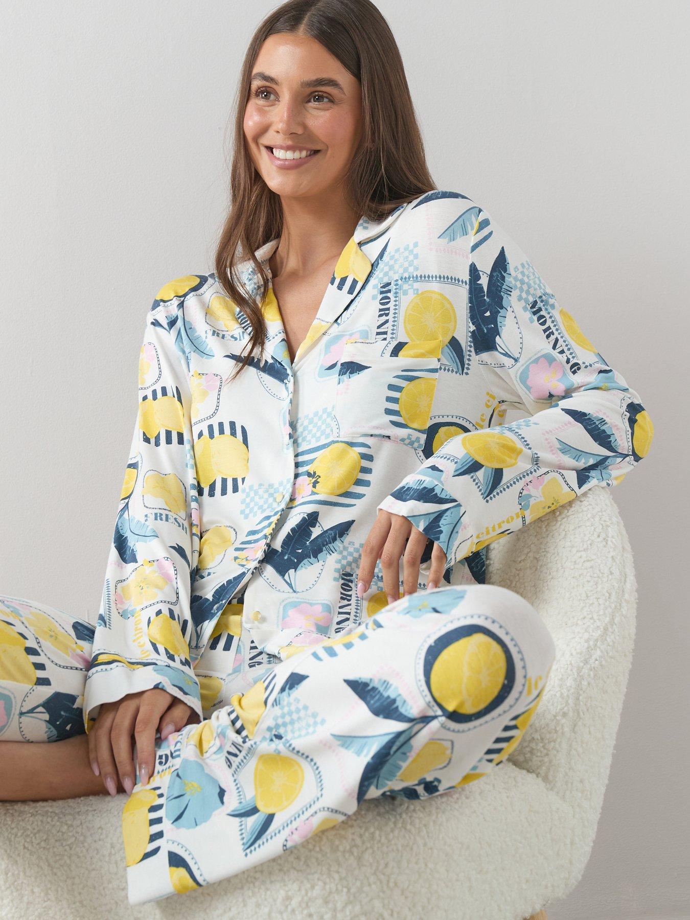 Image 1 of 7 of The Very Collection Lemon Print Jersey Revere Pyjama Set