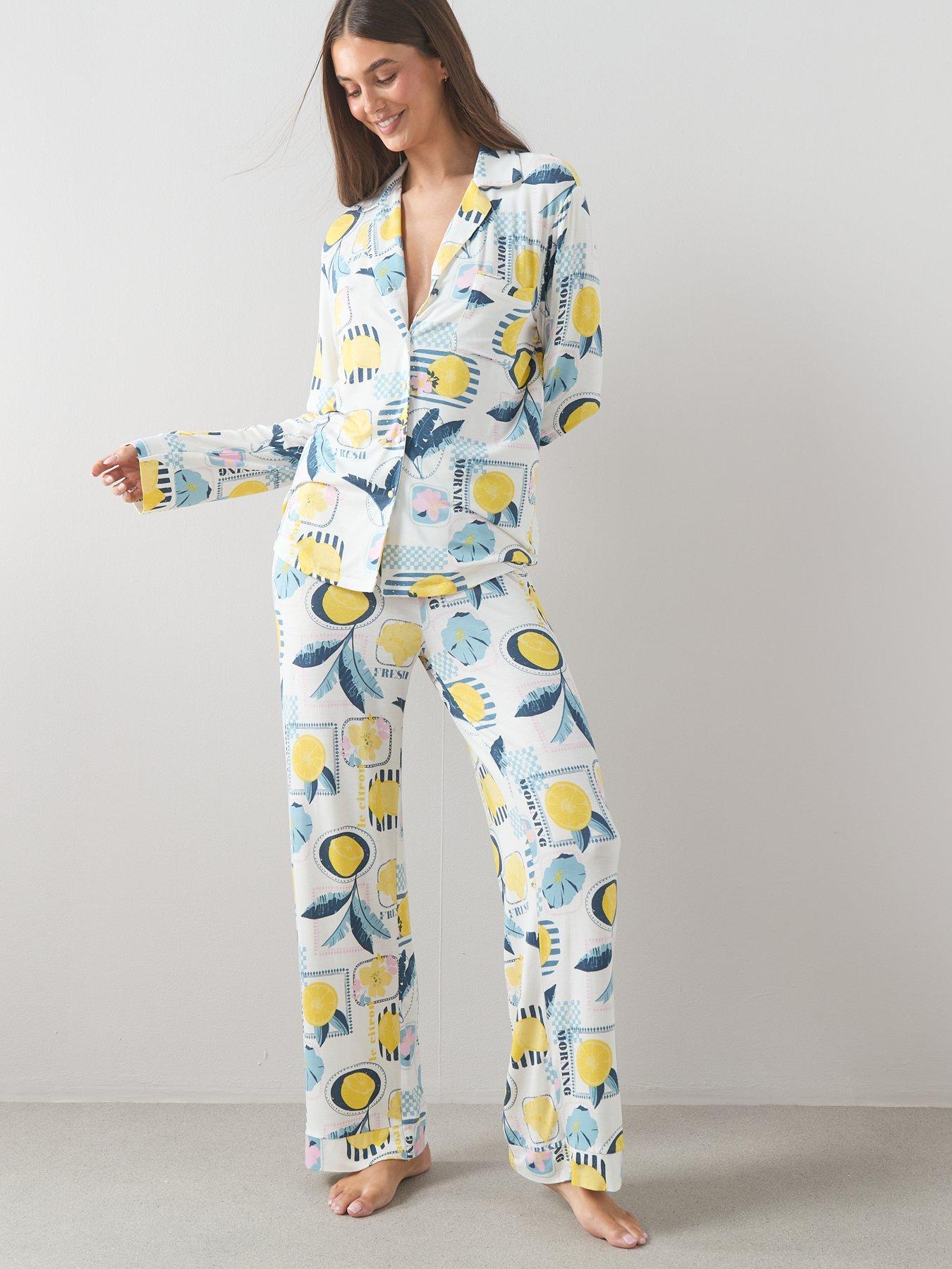 Image 3 of 7 of The Very Collection Lemon Print Jersey Revere Pyjama Set