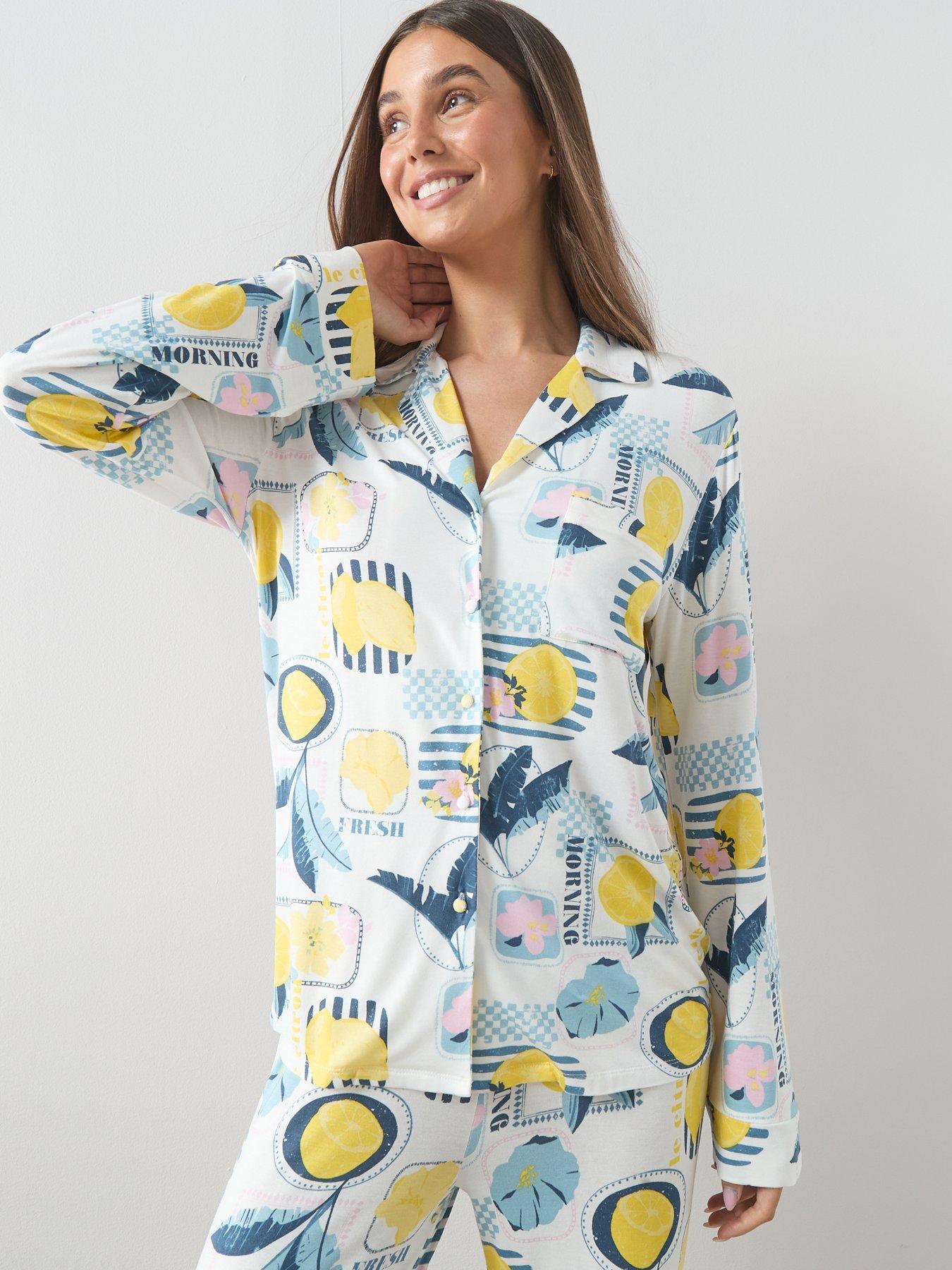 Image 4 of 7 of The Very Collection Lemon Print Jersey Revere Pyjama Set