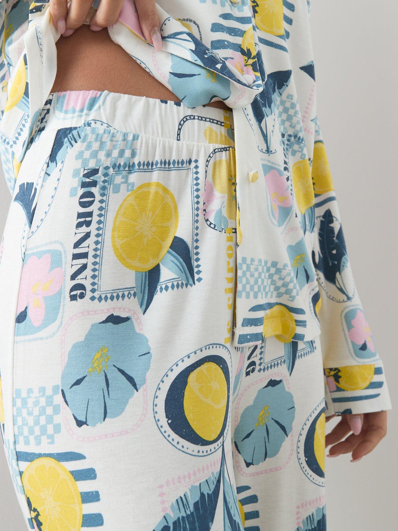 Image 6 of 7 of The Very Collection Lemon Print Jersey Revere Pyjama Set