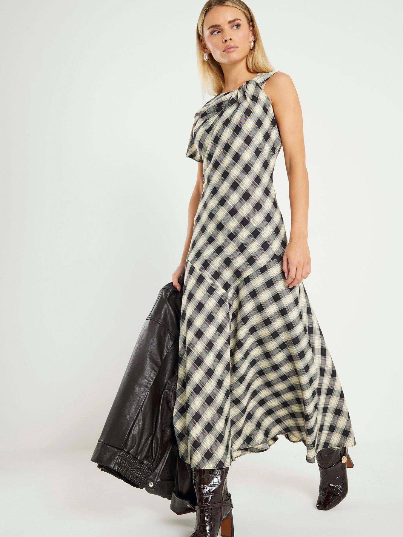 front image of river-island-petite-checked-knot-maxi-dress-beige