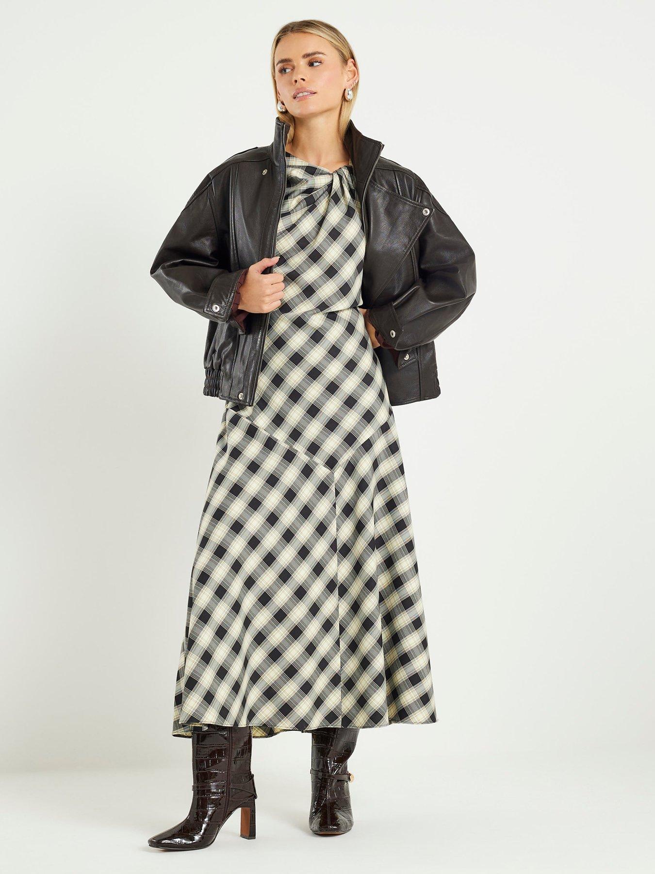 image of river-island-petite-checked-knot-maxi-dress-beige