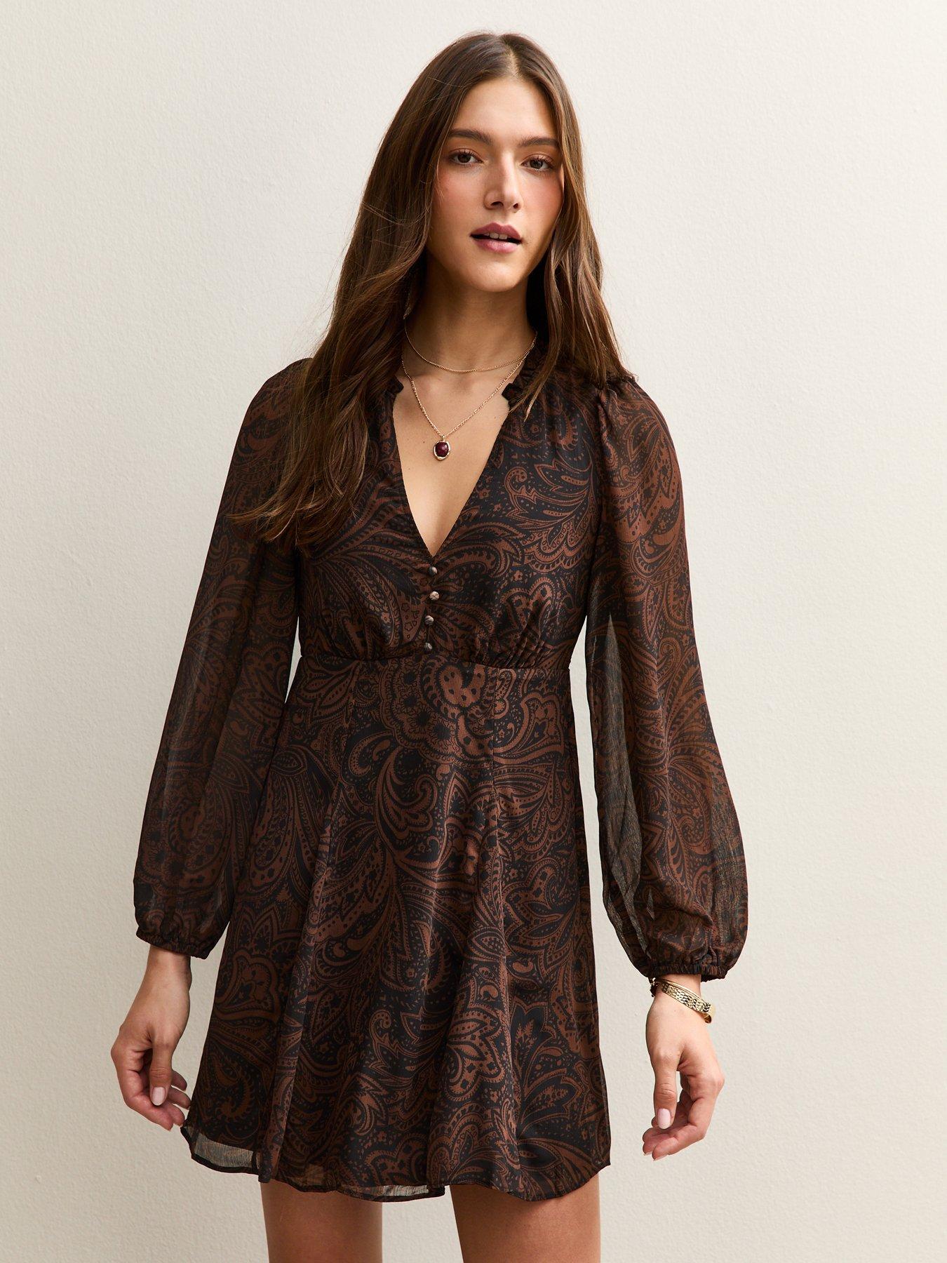 New Look Brown Paisley Chiffon Mini Dress