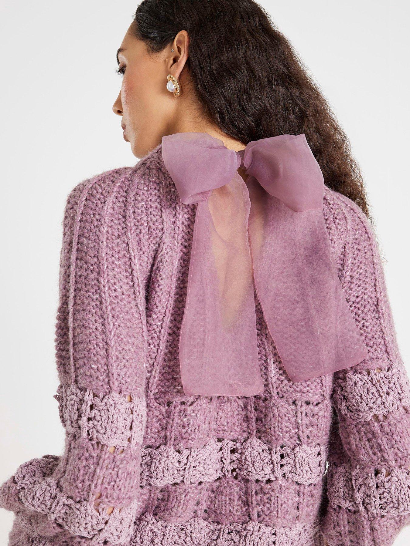 stillFront image of river-island-pointelle-bow-back-jumper-purple