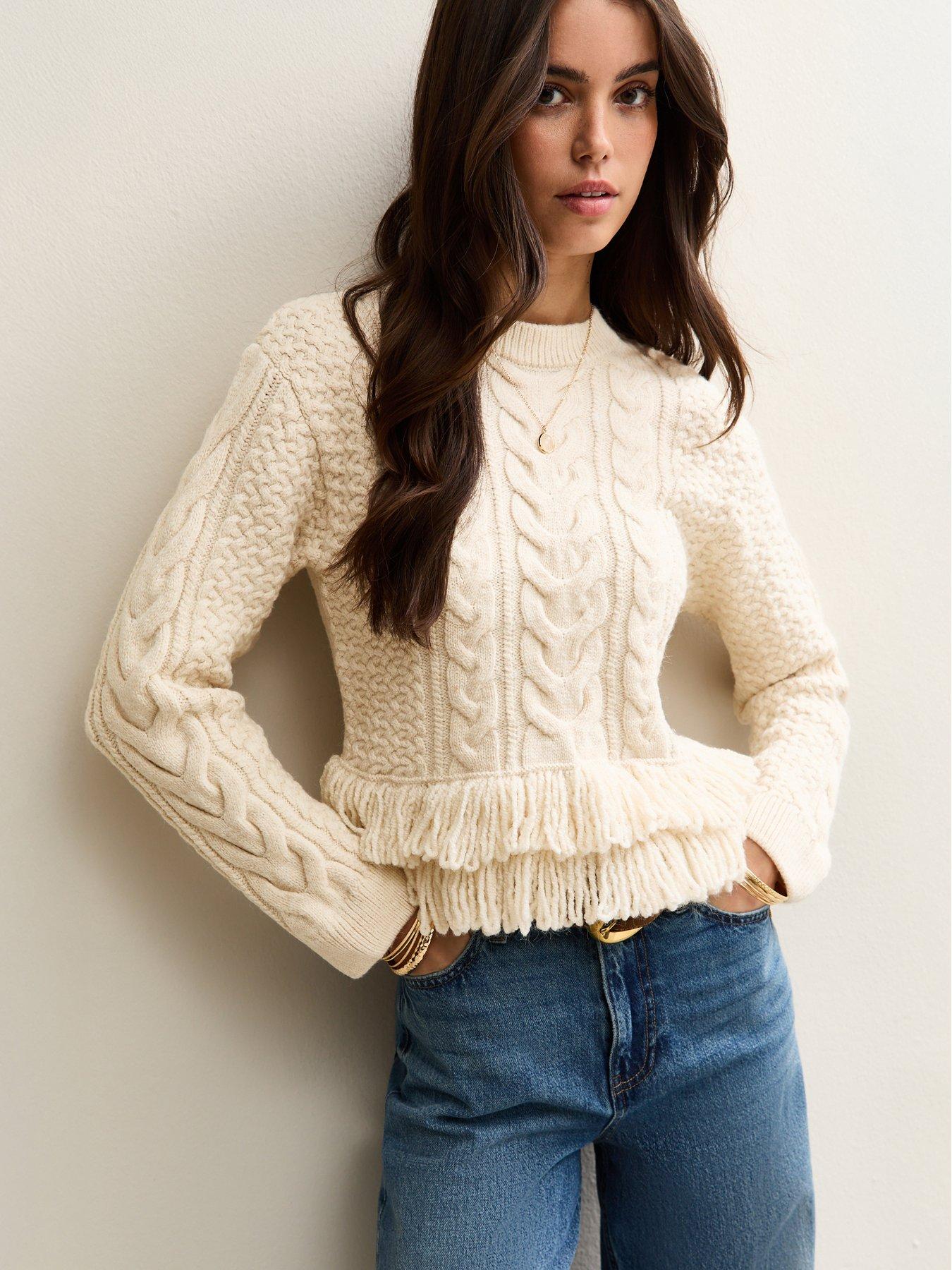 New Look Cable Knit Fringe Hem Jumper - Cream