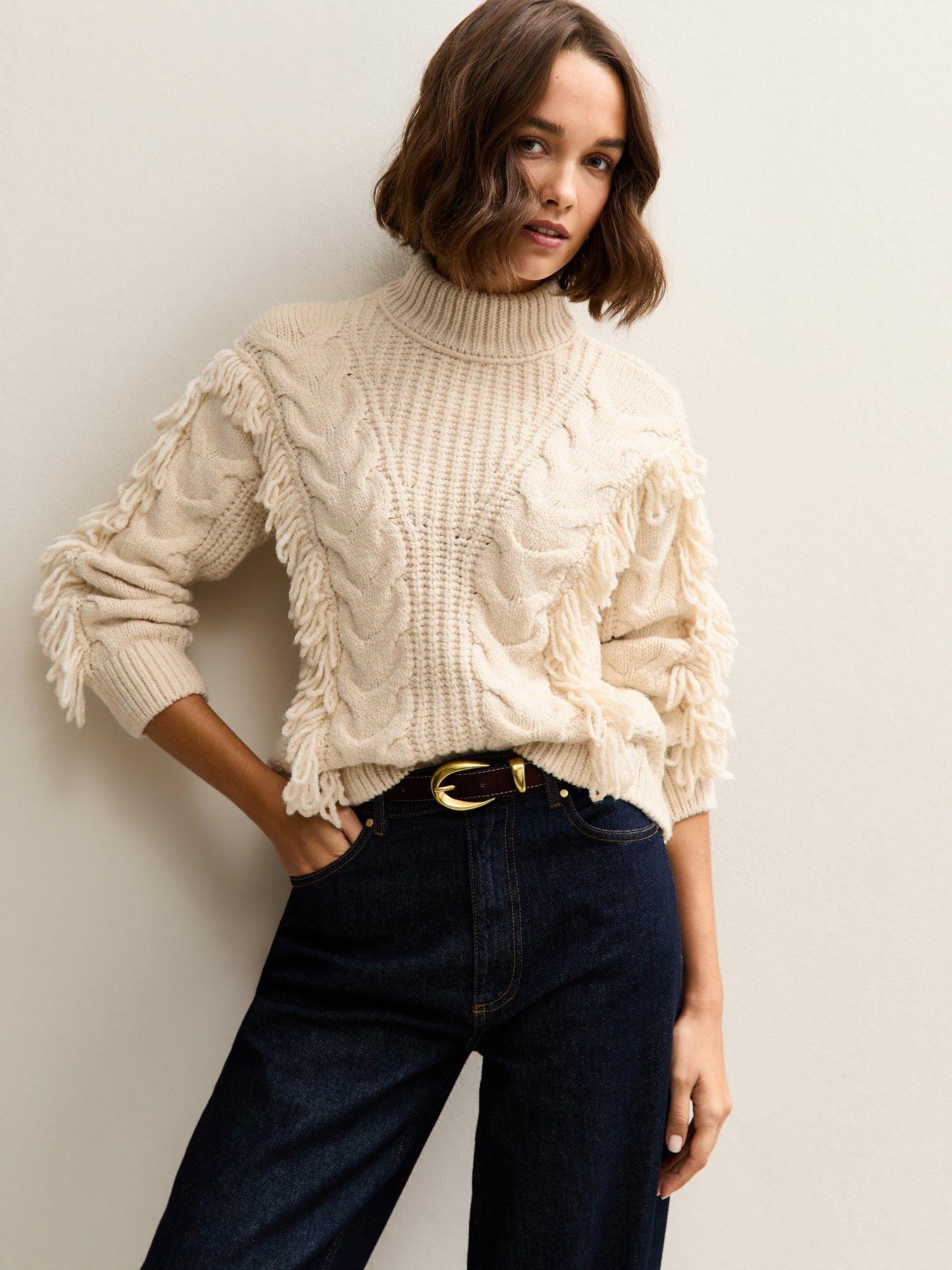 Image 1 of 6 of New Look Cable Knit Looped Fringe Jumper - Cream