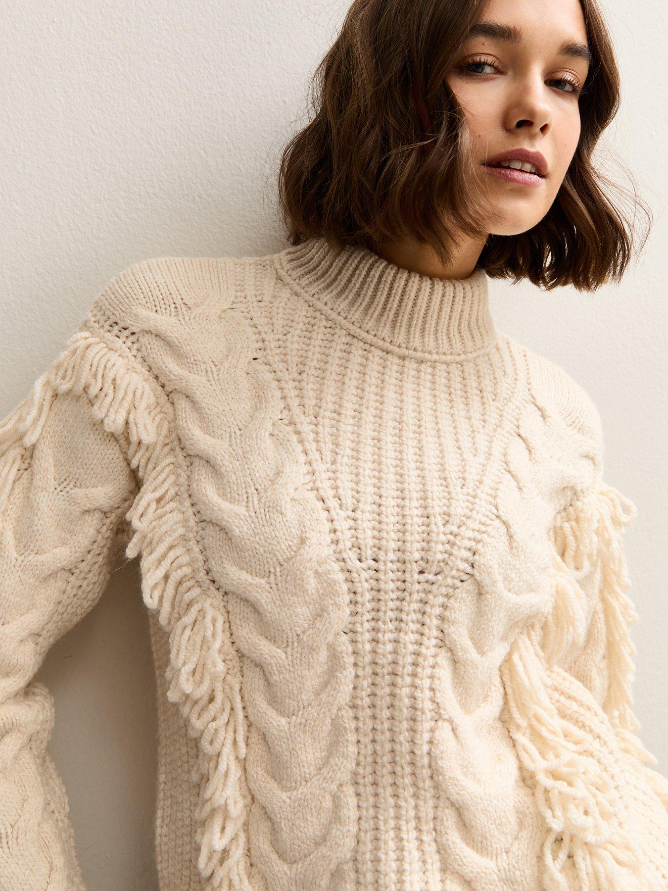 Image 6 of 6 of New Look Cable Knit Looped Fringe Jumper - Cream