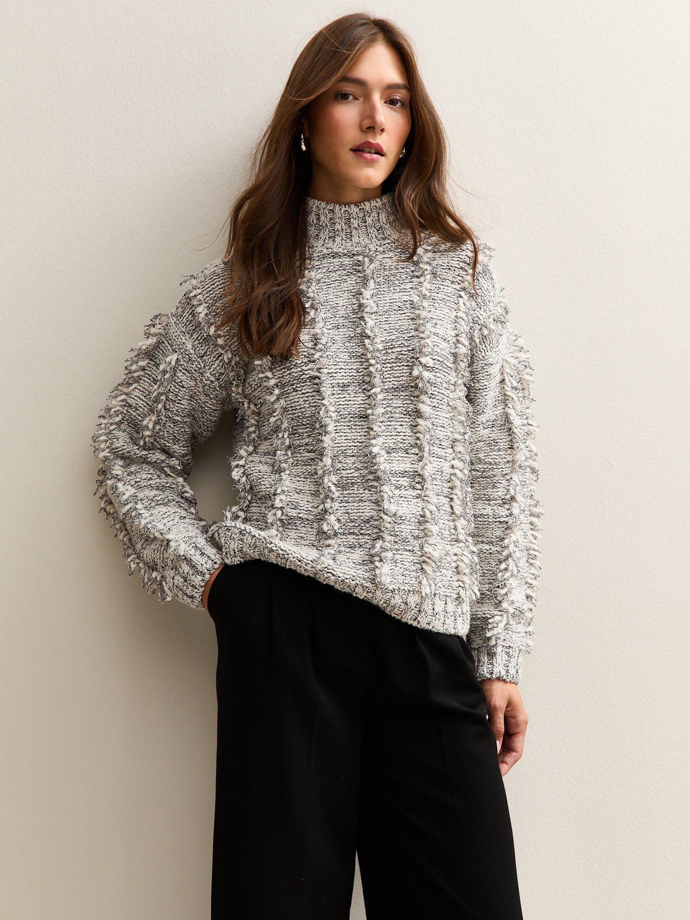  image of new-look-fringe-trim-high-neck-jumper-grey