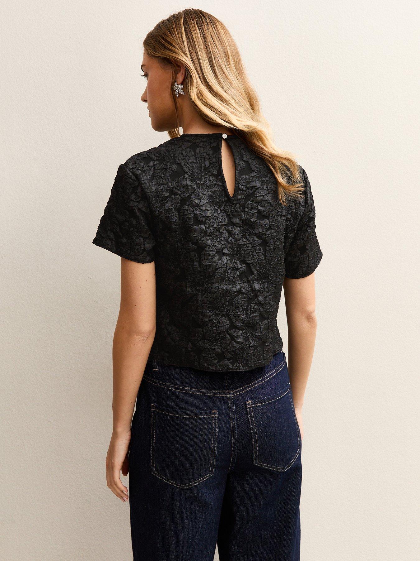 Image 2 of 5 of New Look Black Floral Jacquard Short Sleeve Top